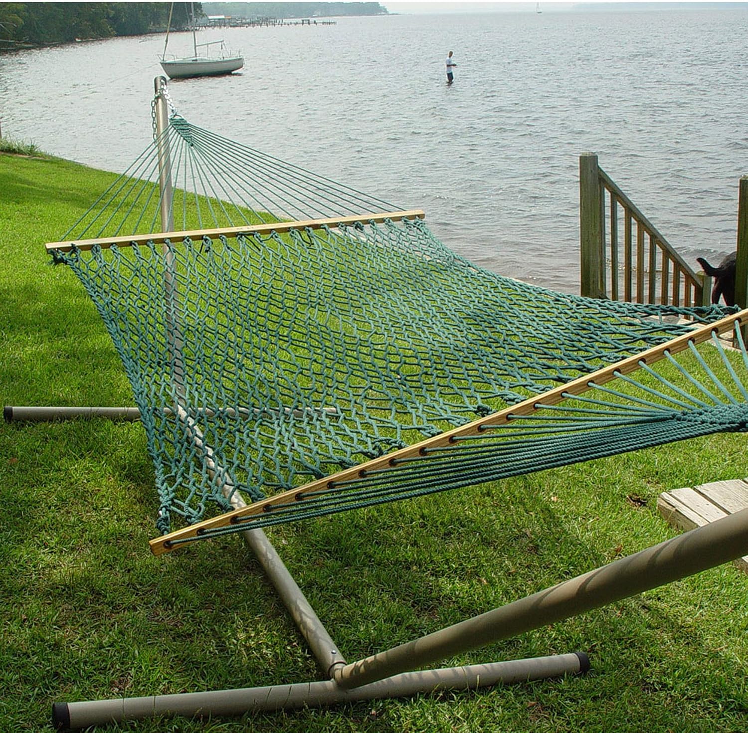Original Pawleys Island Large Green DuraCord Rope Hammock – 13 ft. x 55 in., 2-Person, 450 lb Capacity, Oak Spreader Bar, Zinc-Plated Hardware, Handcrafted in The USA