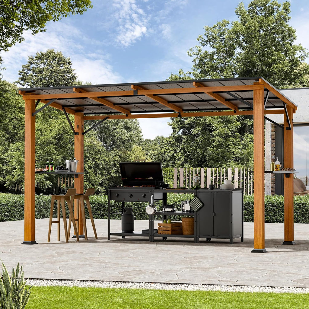 Covered Outdoor Grill Gazebo 6'x12'with Side Shelf, Outdoor Hardtop Gazebo with Bottle Opener & Hooks, Grill Canopy with Sturdy Rustproof Design for Backyard, Garden, Patio,Wood-Looking
