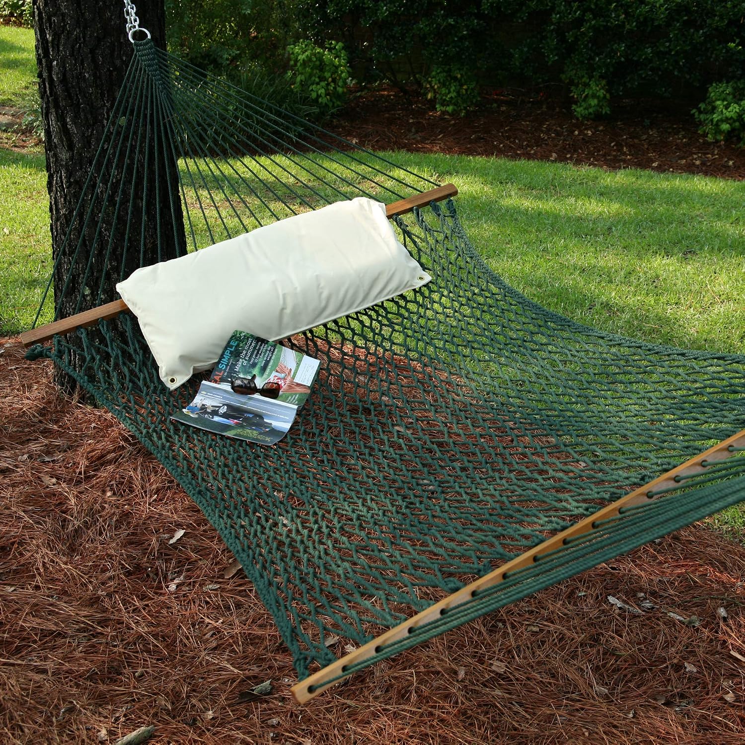 Original Pawleys Island Large Green DuraCord Rope Hammock – 13 ft. x 55 in., 2-Person, 450 lb Capacity, Oak Spreader Bar, Zinc-Plated Hardware, Handcrafted in The USA