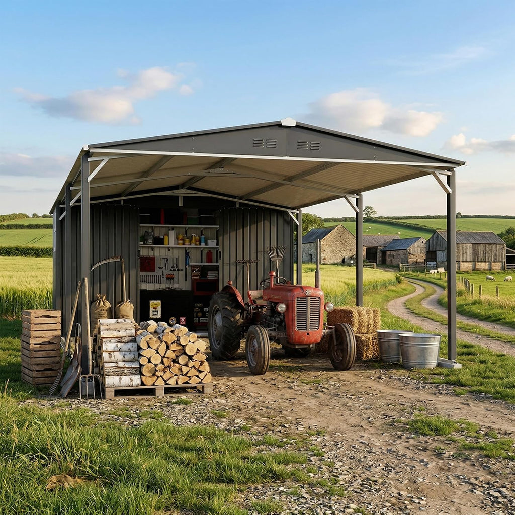 KEIKI 12x23 FT Heavy Duty Metal Carport with Storage Shed, Steel Garage Shelter with Sliding Door, Waterproof Sloped Roof, UV Protection Panels, Outdoor Car Canopy for Car, Boat, Tractor