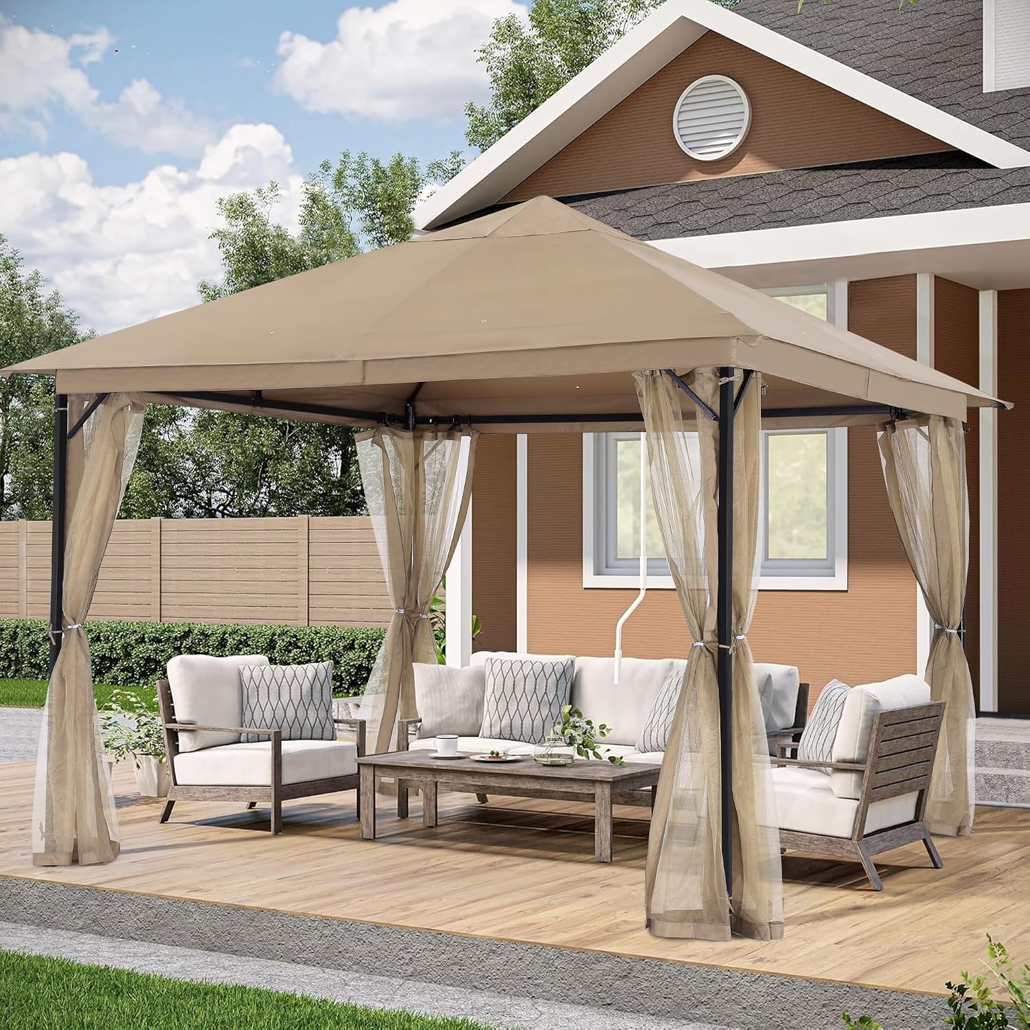 ABCCANOPY Outdoor Patio Gazebo 9x9 - Single Roof Canopy with Mosquito Netting for Backyard, Deck, Garden, Lawn, Khaki
