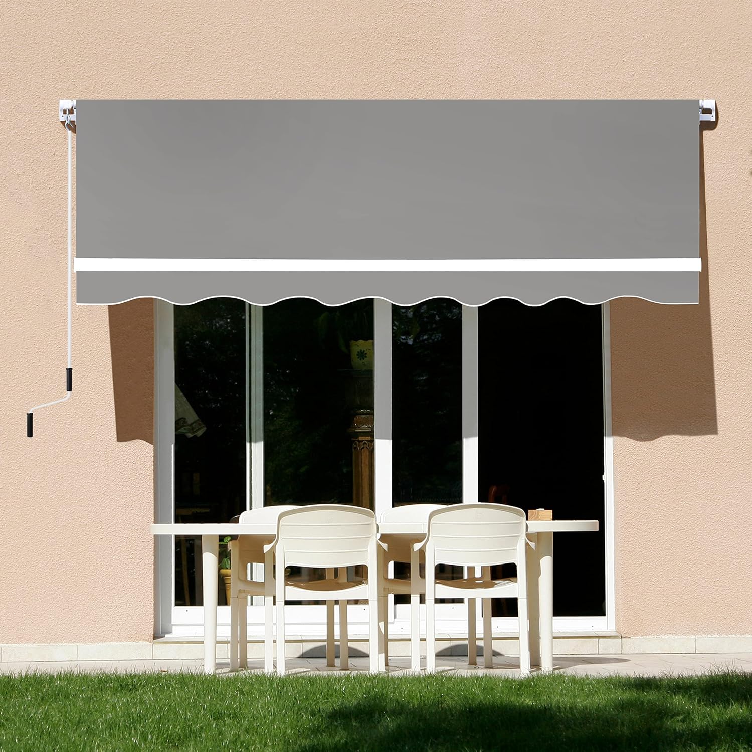 VEIKOU 8 x 7ft Patio Retractable Awning, Awnings for Patio w/Adjustable Canopy, Manual Awning Sun Shade Window Door Shelter with Aluminum Frame for Deck, Garden, Gray