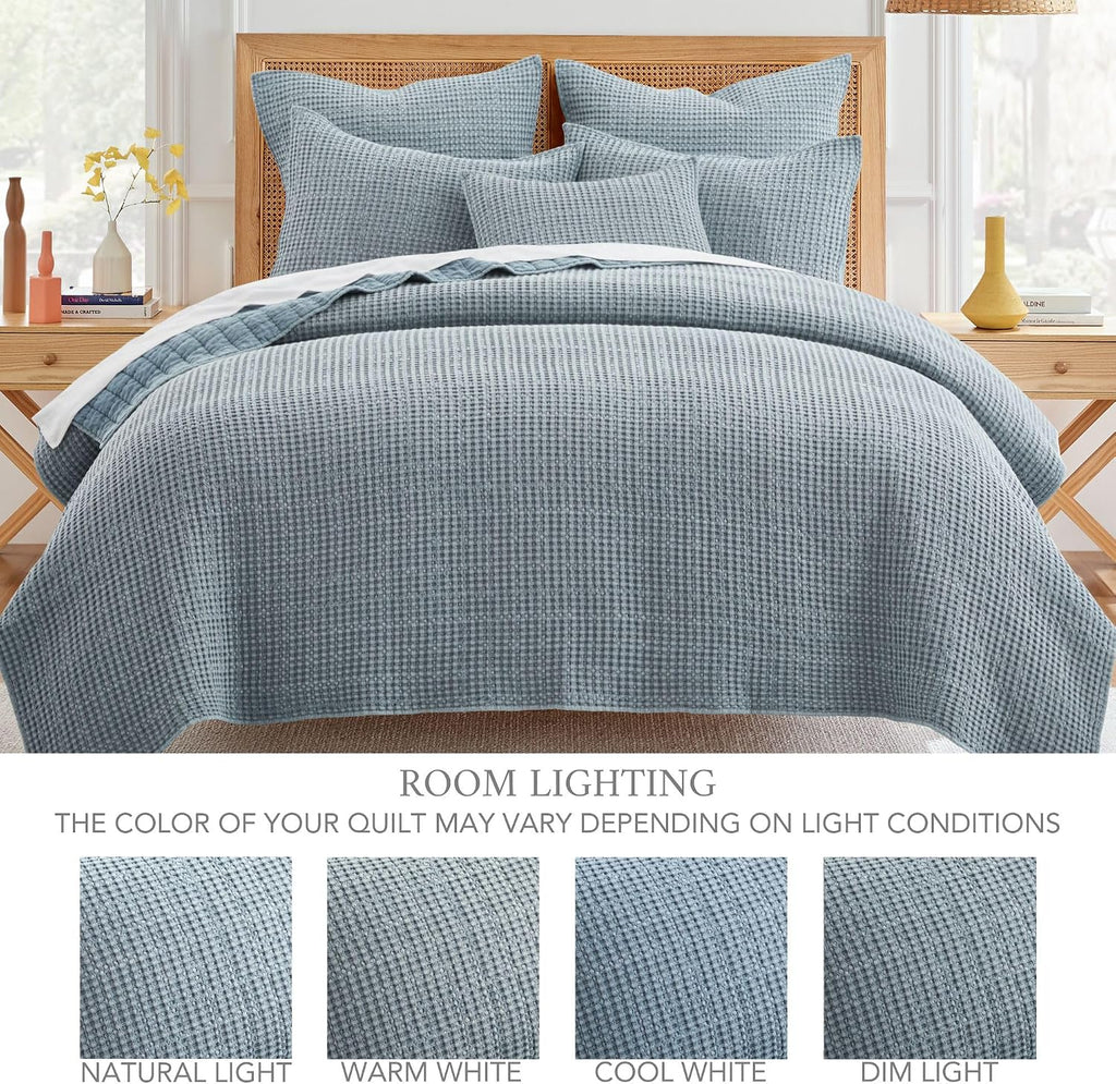 Levtex Home Mills Waffle Full/Queen Quilt Set (88x92in) with 2 Pillow Shams (26x20in) - Chambray - Cotton Waffle Full/Queen Size Quilt Bedding Set - Lightweight, Soft, Pre-Washed