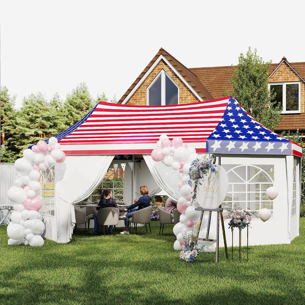 Outsunny 22.3 x 16.4 ft Party Tent, Heavy Duty Event Tent with Sidewalls, 2 Doors and 6 Windows, Outdoor Gazebo Shelter for Wedding, Party, American Flag