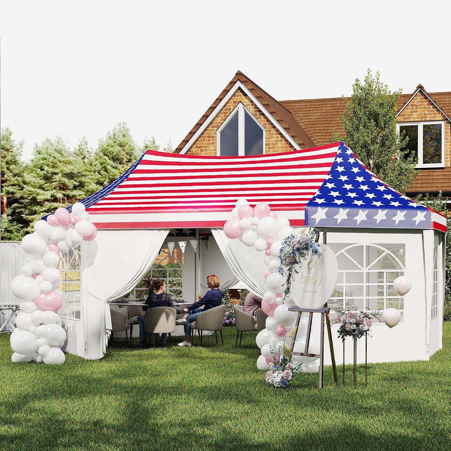 Outsunny 22.3 x 16.4 ft Party Tent, Heavy Duty Event Tent with Sidewalls, 2 Doors and 6 Windows, Outdoor Gazebo Shelter for Wedding, Party, American Flag