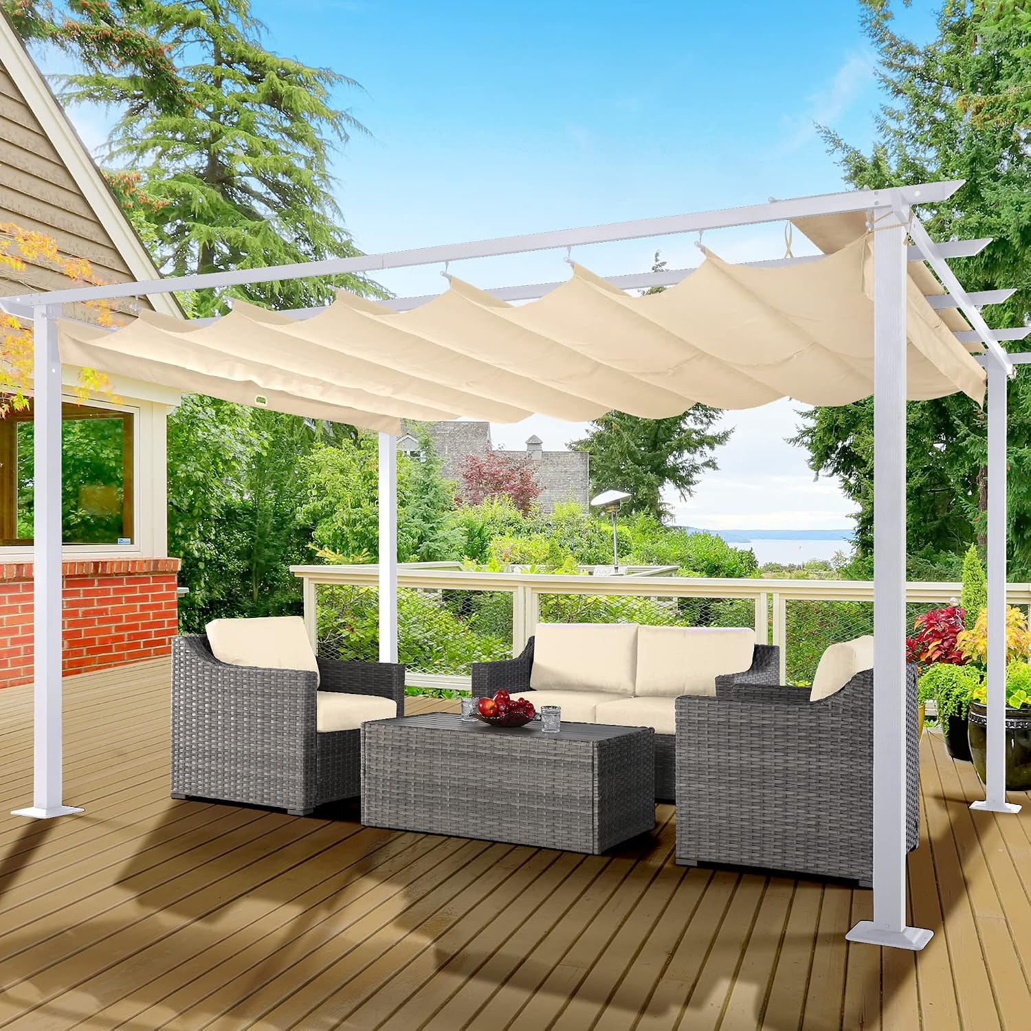 HAPPATIO 10' X 13' Pergola Retractable Canopy with White Frame for Backyards, Gardens, Patios, Outdoor Pergola with Sun Shade Canopy (Beige)