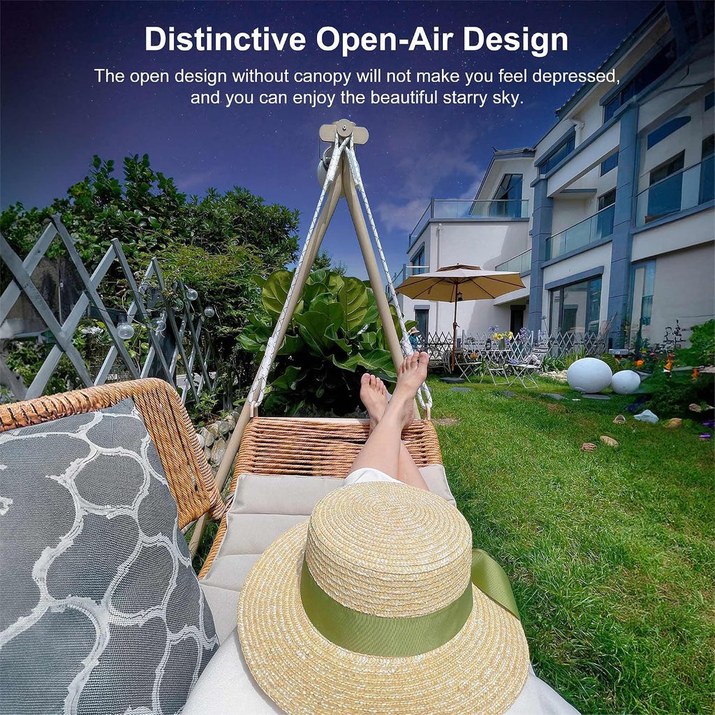 PURPLE LEAF 2 Seat Cloud Swing Chair with Stand and 12 LED Lights Patio Wicker Hanging Swinging for Indoor Backyard Garden Outdoor Hammock Porch Swing, Cushion and Pillows Included