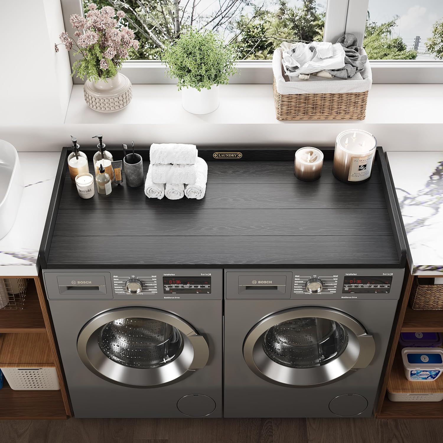 No-Installation HDPE Washer Dryer Countertop Washer and Dryer Topper Covers for The Top Laundry Countertop Laundry Room Organization No Water Leakage,Black