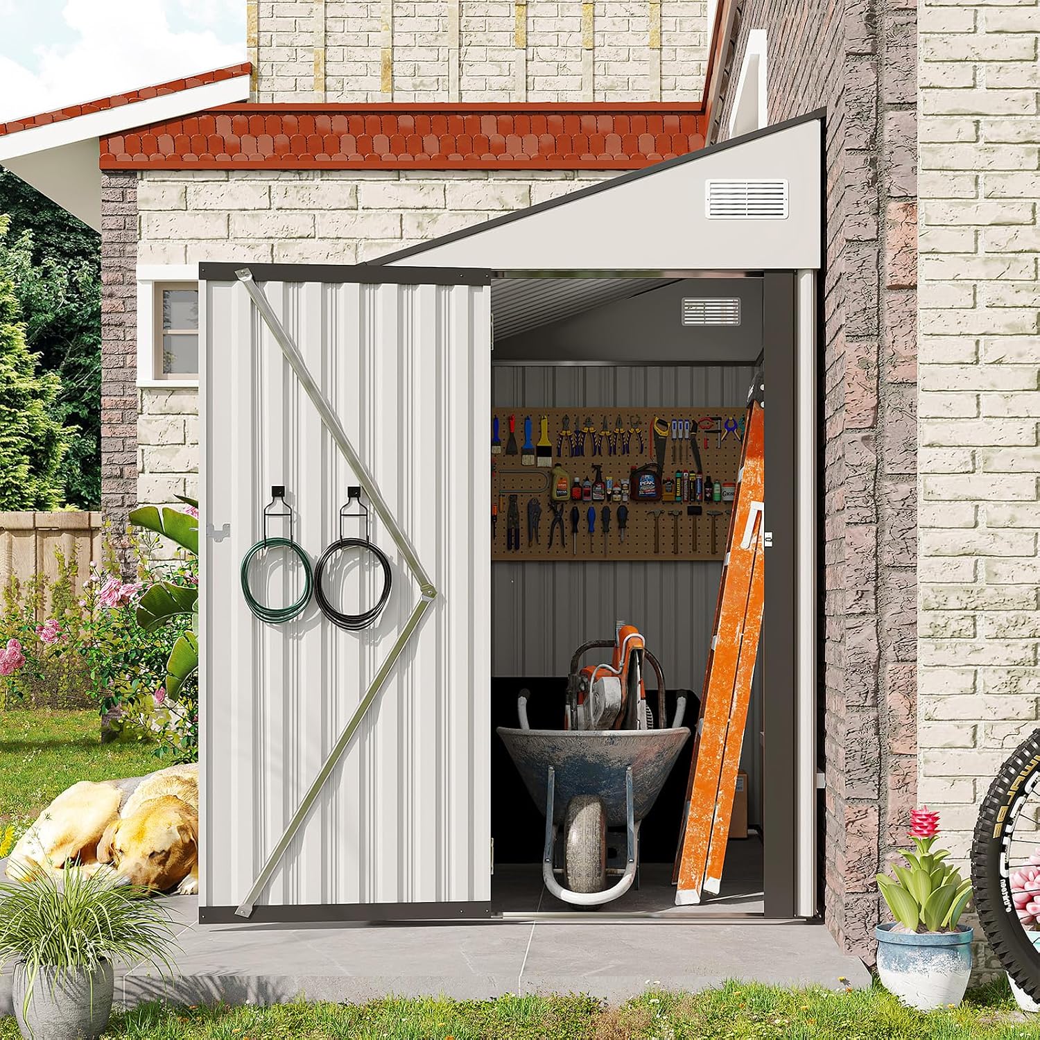 8 X 4 Ft Outdoor Storage Shed, Metal Garden Tool Shed with Lockable Door, Outdoor Door Storage Cabinet for Patio, Garage, Poolside, Bikes, and Garden (White)