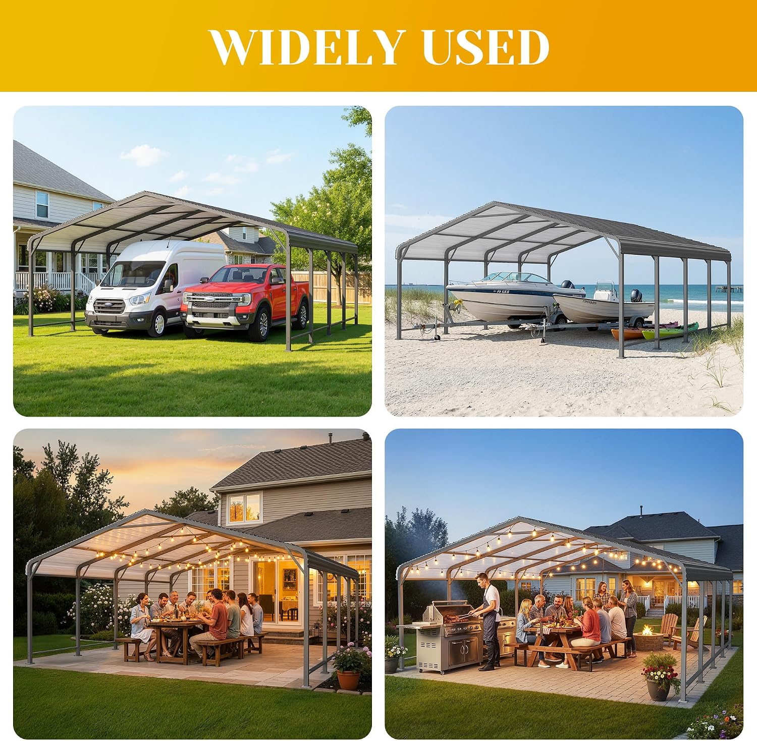 20x20 FT Car Port, Metal Carport for 2 Cars, Heavy Duty Canopy Carport with Updated Roof & Enhanced Base, Garage Vertaile Carports for RV Car, Truck, Boat, Tractors, Party, Grey