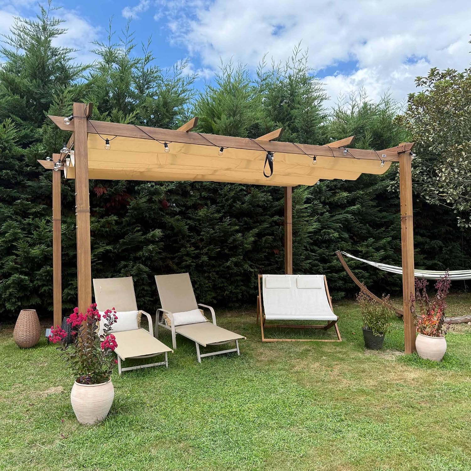 PURPLE LEAF 10' x 13' Outdoor Retractable Pergola with Sun Shade Canopy Patio Metal Shelter for Garden Porch Pavilion Natural Wood Grain Frame Modern Yard Grill Pergola with 24 LED Lights Khaki