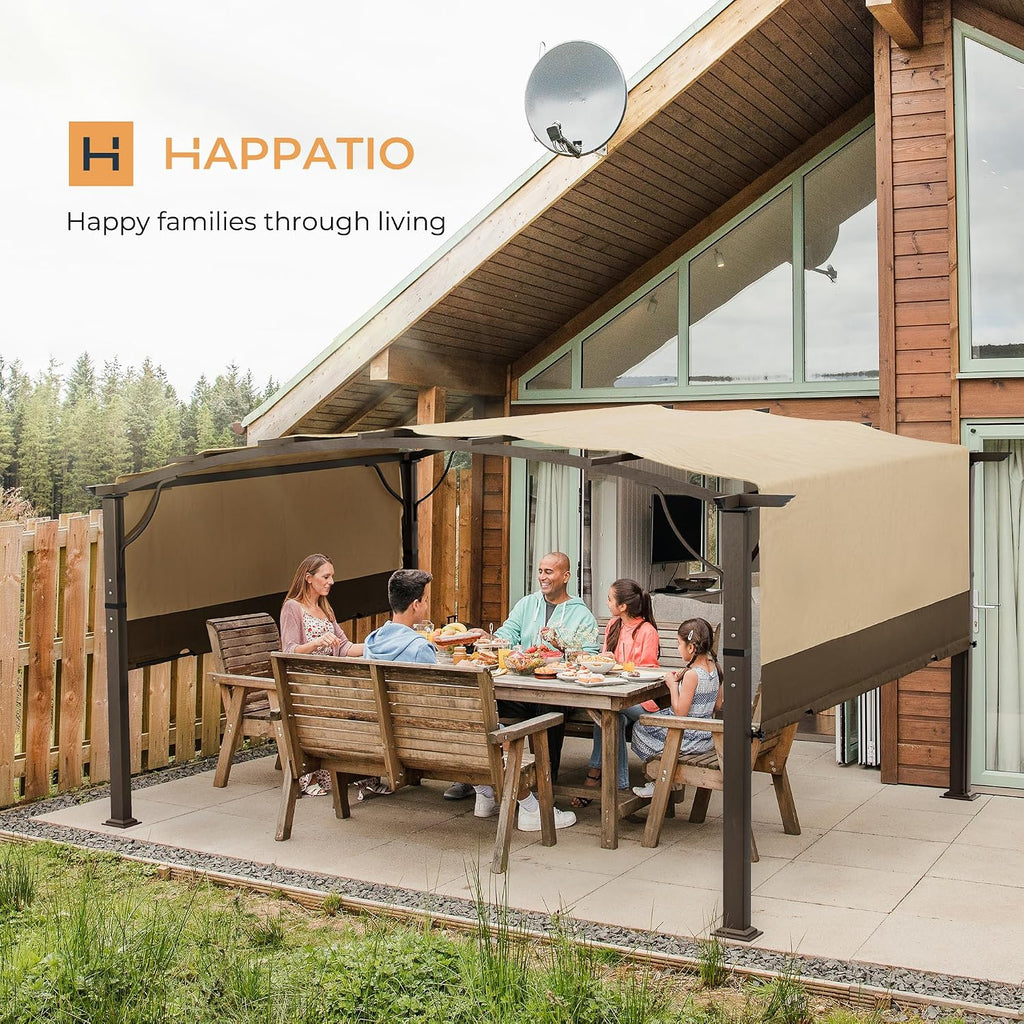 HAPPATIO 12' x12' Outdoor Retractable Pergola, Aluminum Pergola with Canopy Fixed in Various Positions, Arched Roof with Sun Shade Canopy Metal Frame for Backyards, Gardens, Patios (Brown)