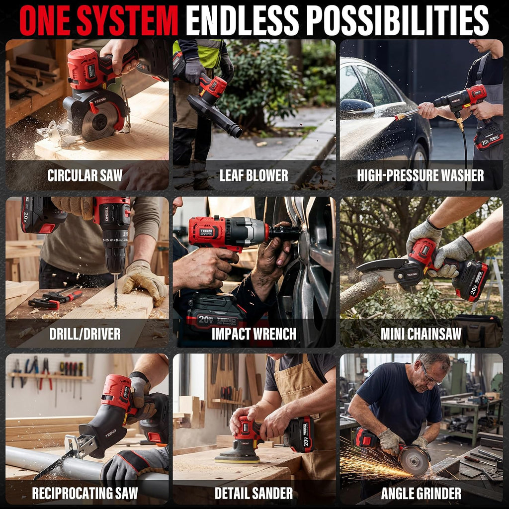 TEENO 20V MAX Brushless Power Tool Combo Kit, 9-in-1 Cordless Interchangeable Multi-Tool Set (Drill, Impact, Grinder, Sander, Circular, Chain & Reciprocating Saws, Blower, Washer), 2x 4.0Ah Batteries