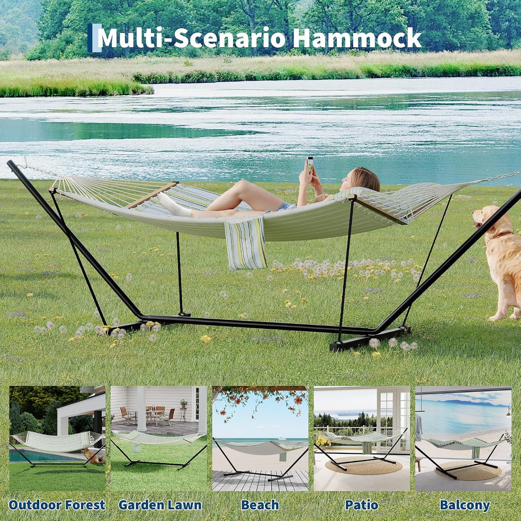 GarveeHome Portable 2 Person Double Hammock with Sturdy Heavy-Duty Steel Stand – 450LBS Max Load, Quick & Effortless Assembly, Perfect for Indoor Living, Yard, Patio & Camping Trips