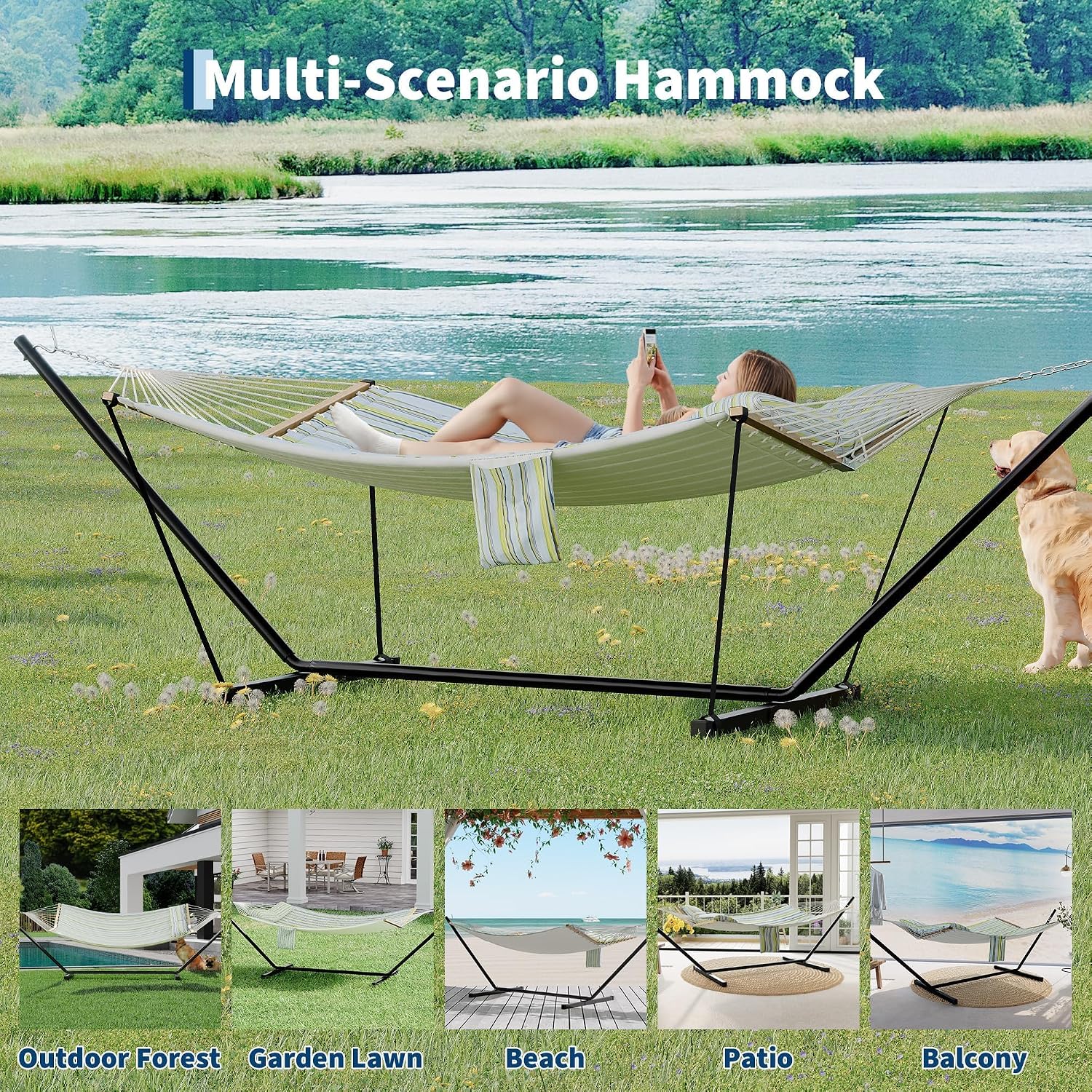 GarveeHome Portable 2 Person Double Hammock with Sturdy Heavy-Duty Steel Stand – 450LBS Max Load, Quick & Effortless Assembly, Perfect for Indoor Living, Yard, Patio & Camping Trips