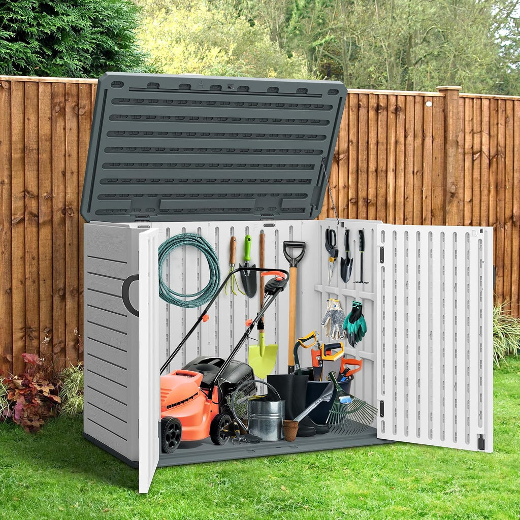 YITAHOME Outdoor Horizontal Storage Shed with X-Shaped Lockable Door, 35 Cu Ft Weatherproof Resin Tool Shed w/o Shelf, Ideal for Bike, Trash Cans, Garden Tools, Lawn Mowers, Light Gray