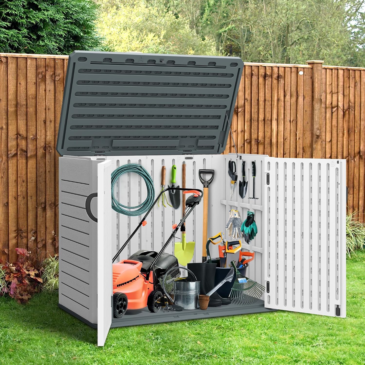 YITAHOME Outdoor Horizontal Storage Shed with X-Shaped Lockable Door, 35 Cu Ft Weatherproof Resin Tool Shed w/o Shelf, Ideal for Bike, Trash Cans, Garden Tools, Lawn Mowers, Light Gray