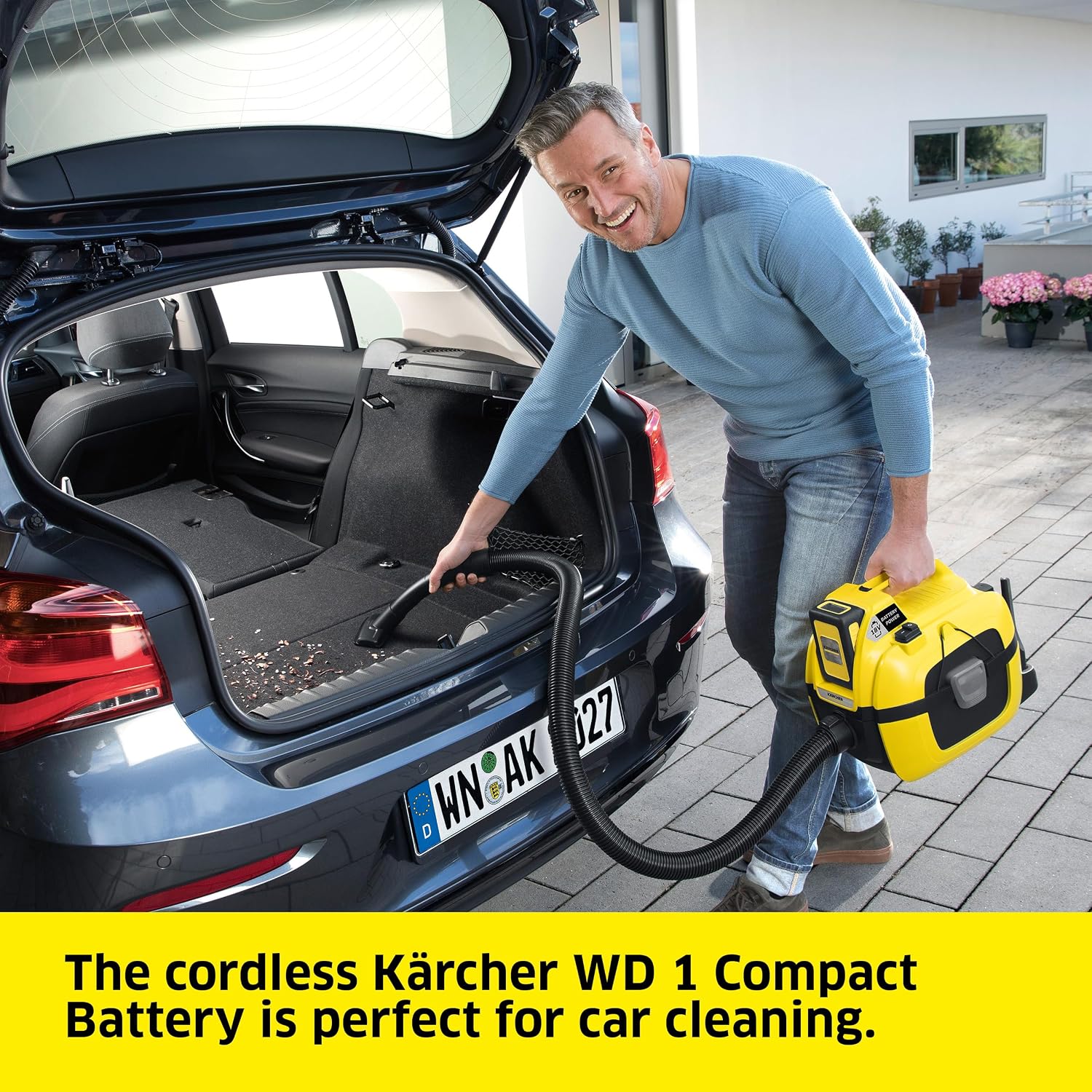 Kärcher WD 1 Compact Battery Powered Wet Dry Shop Vacuum Cleaner Ideal for Car Cleaning with Attachments, Multi Purpose – Blower Feature, Compact Space-Saving Design, Portable (Tool Only)