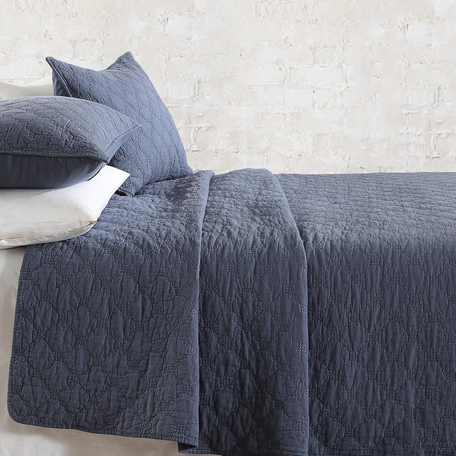 HORIMOTE HOME 55% Linen Front/100% Cotton Back Quilt Set King Size, Steel Blue Pre-Washed Cotton Linen Quilt Set, Geometric Stitched Pattern Bedspread Coverlet Bedding Set 3-Piece for All Seasons