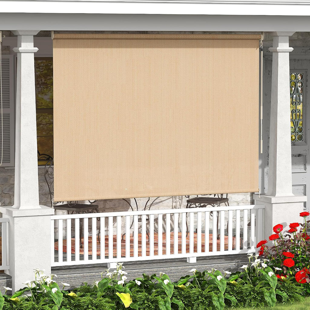 VICLLAX Cordless Outdoor Roller Shade with Splicing Design 10'×8', Exterior Roll Up Shade Blind for Porch, Patio, Yard, Wheat