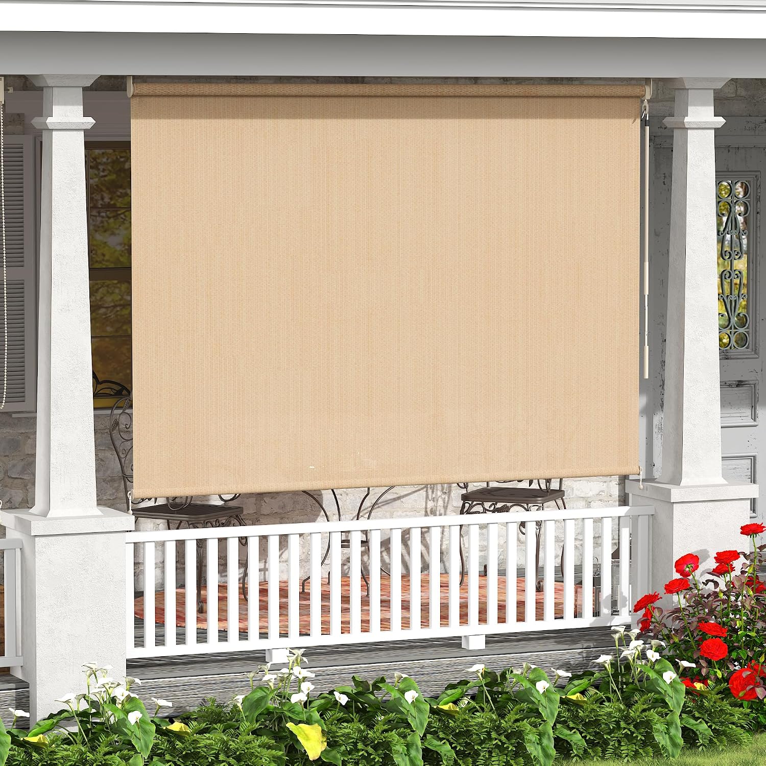 VICLLAX Cordless Outdoor Roller Shade with Splicing Design 10'×8', Exterior Roll Up Shade Blind for Porch, Patio, Yard, Wheat