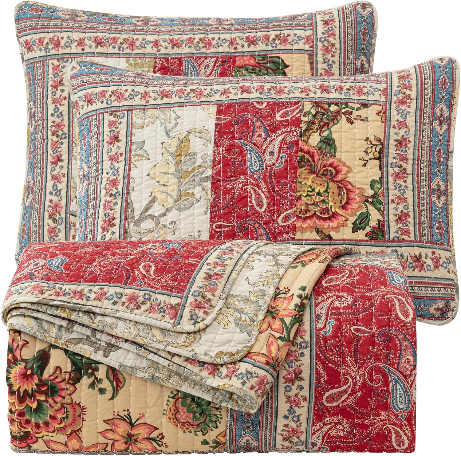 Chezmoi Collection Bambi 3-Piece Washed Patchwork Cotton Quilt Set - Soft Lightweight Breathable Reversible Floral Quilted Bedspread for All Seasons. King Size
