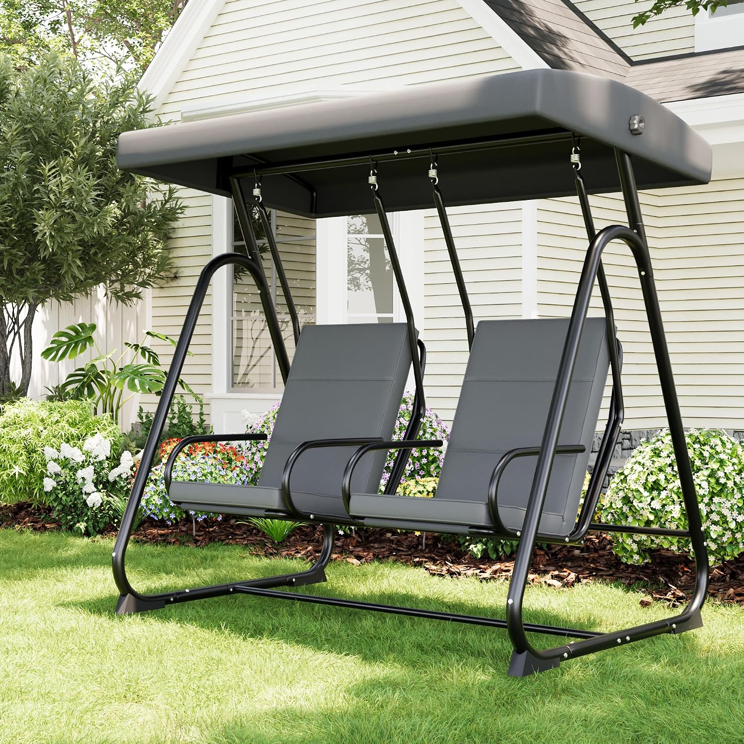 GarveeLife 2 Person Porch Swing Chair, Heavy Duty Outdoor Patio Swing Glider with Adjustable Canopy & Removable Cushions, Independent Swing Chairs for Garden, Balcony, Poolside, Backyard, Dark Grey