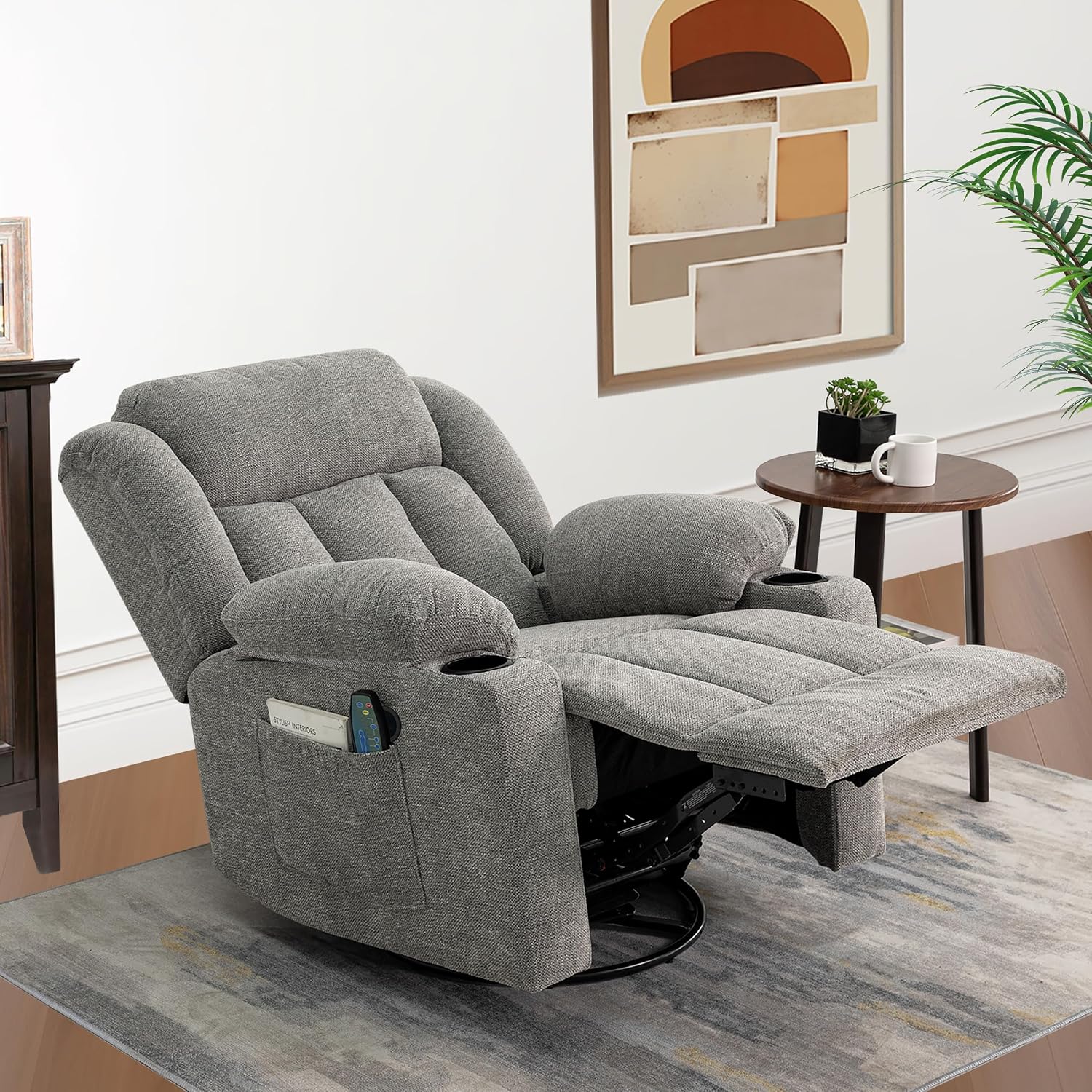Ketaiyou Rocker Swivel Recliner Chair for Adults, Overstuffed Large Manual Recliner Glider with Massage and Heat, Comfy Soft Fabric Living Room Reclining Sofa Chair (Lime Gray)