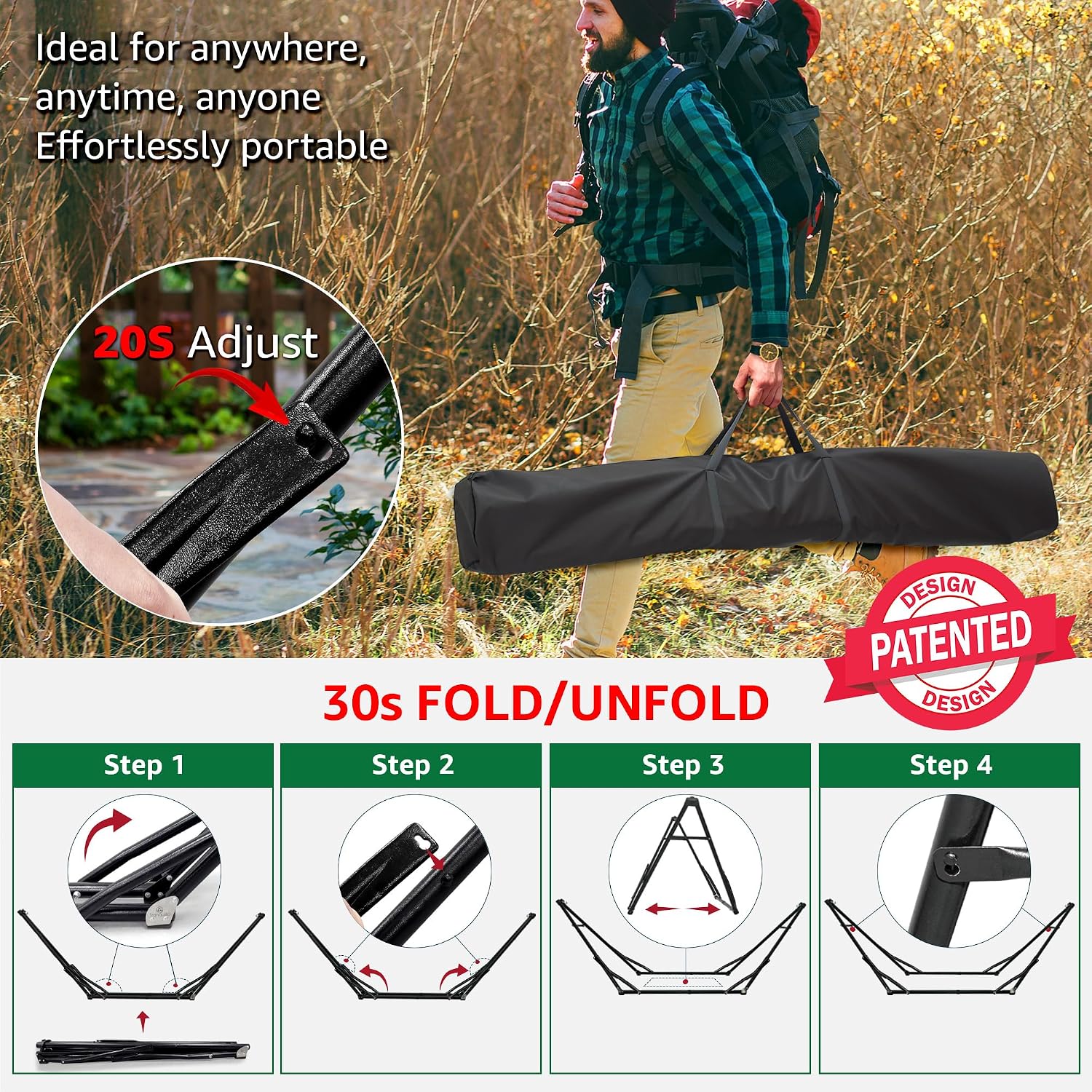 Tranquillo Unity Hammock Stand, Collapsible Camping Hammock and Stand, 800 lbs Capacity Steel Double Hammock Stand for 2 Persons, Steel Frame - Black