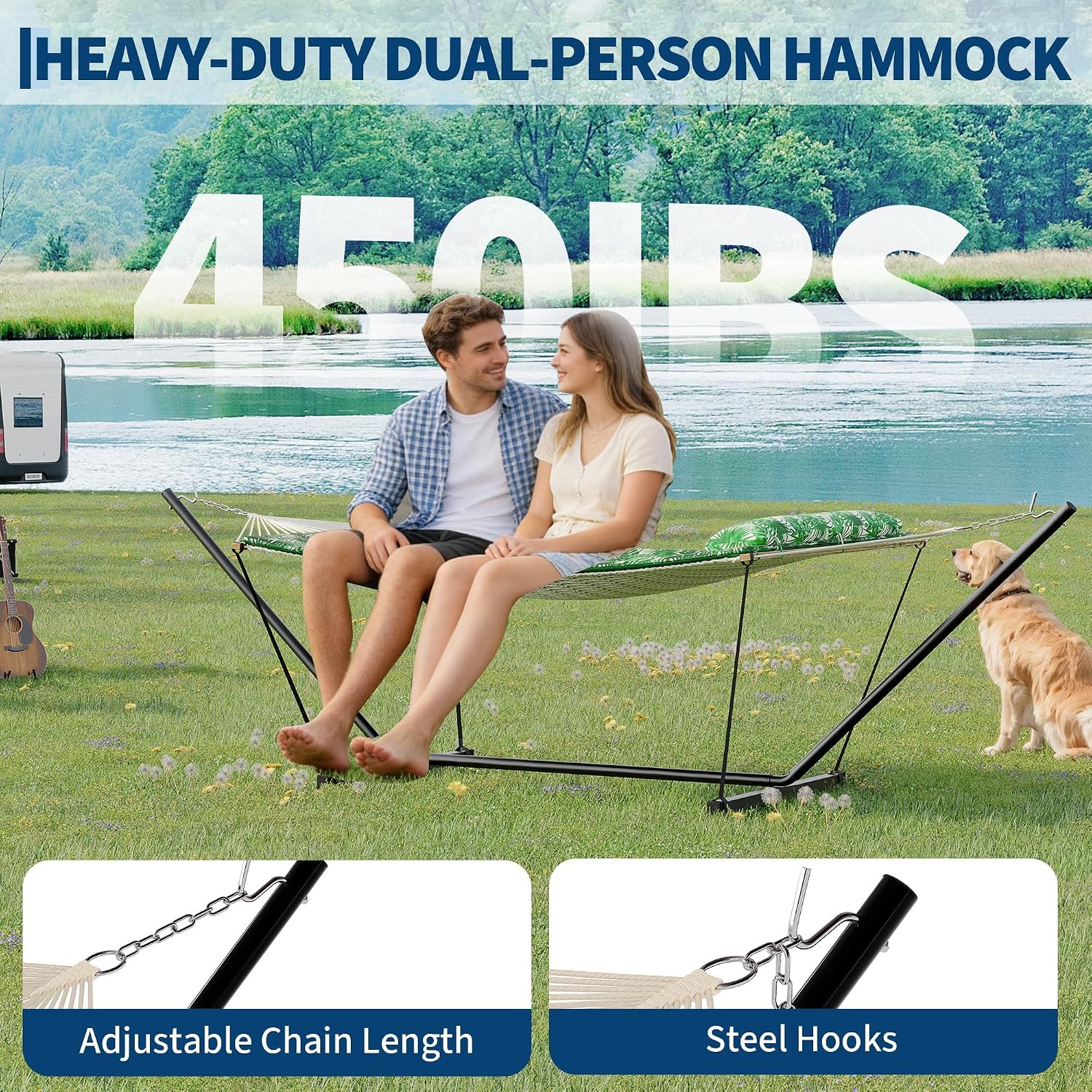 GarveeHome Double Hammock with Heavy-Duty Steel Stand, 2 Person Portable Hammock, 450LBS Max Weight Capacity, Easy Assembly, Ideal for Indoor, Backyard, Camping & Outdoor Use