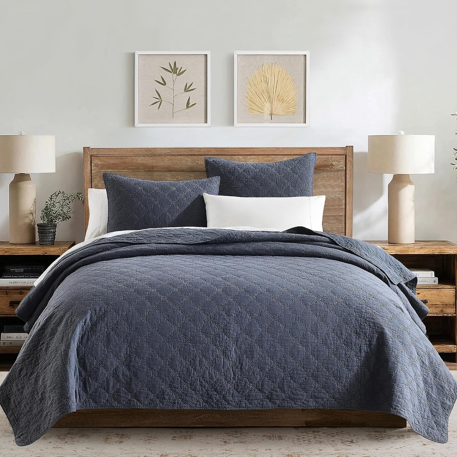 HORIMOTE HOME 55% Linen Front/100% Cotton Back Quilt Set King Size, Steel Blue Pre-Washed Cotton Linen Quilt Set, Geometric Stitched Pattern Bedspread Coverlet Bedding Set 3-Piece for All Seasons