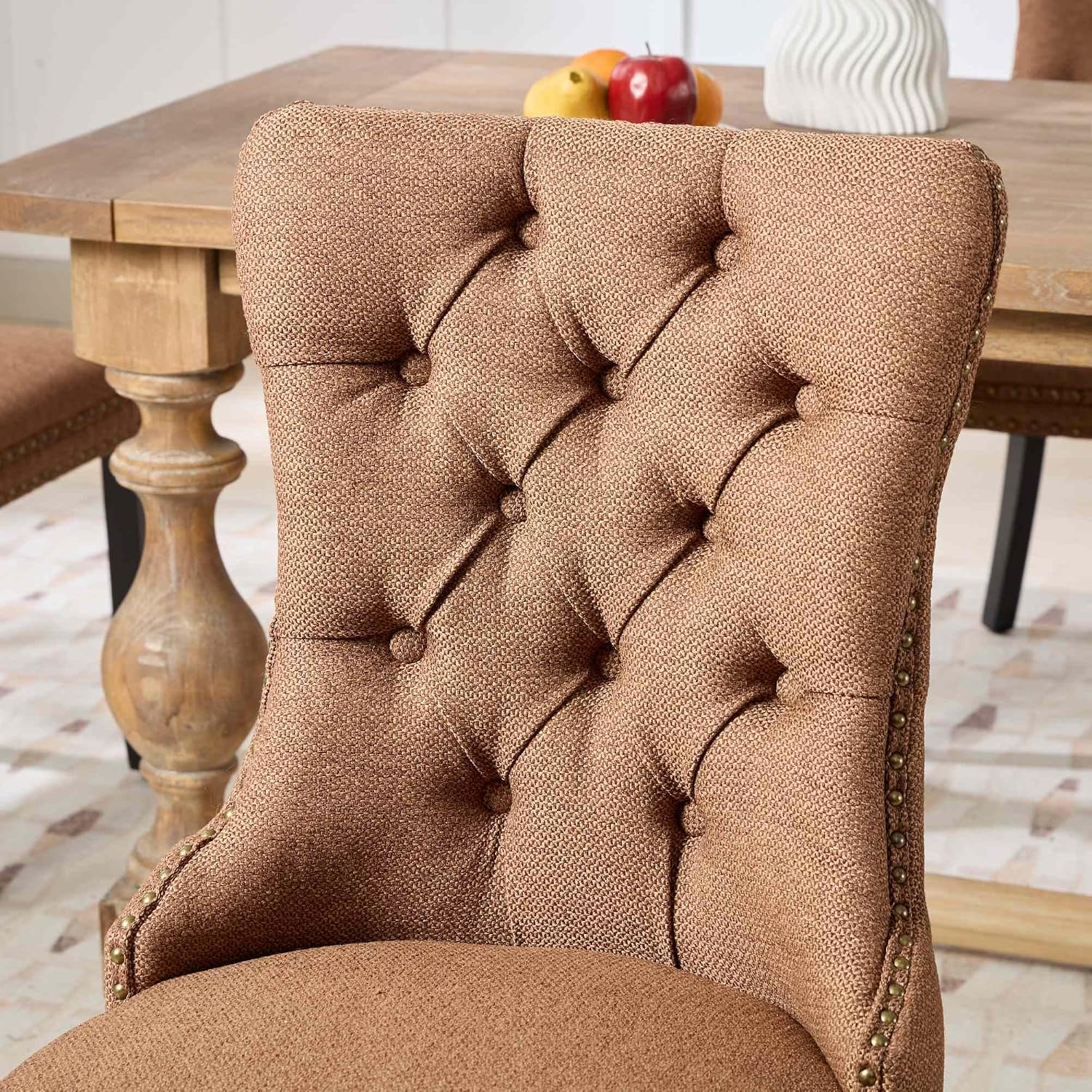 Ball & Cast Contemporary Upholstered Dining Chairs Set of 2, Flax Button Tufted Kitchen Side-Chairs with Hang Ring & Nailhead Trims & Wood Legs, 2-Piece Backrest Traditional Chair, Black+Coffee