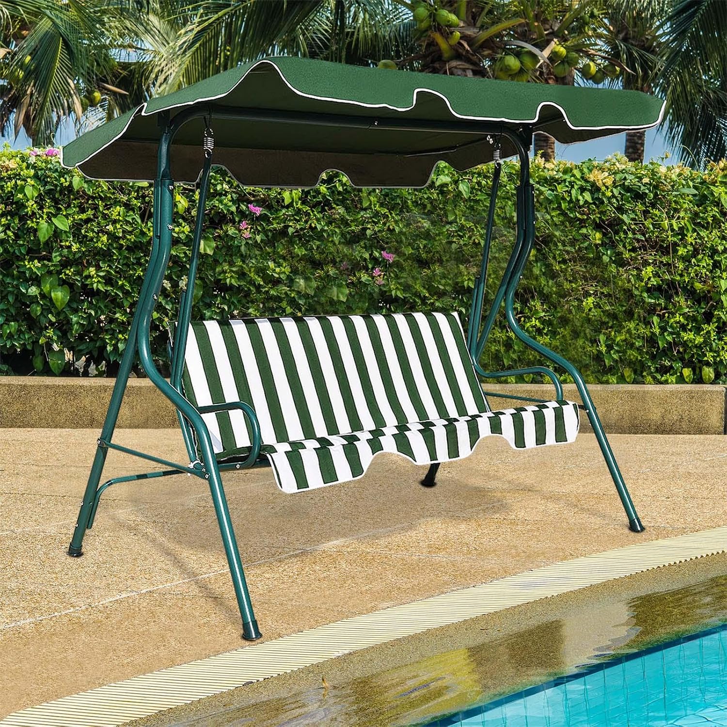 DREAMADE Porch Swing Outdoor, 3 Person Patio Swing w/Removable Cushion, Stand & Adjustable Canopy, Heavy Duty Swing Chair for Patio, Garden, Courtyard, Poolside