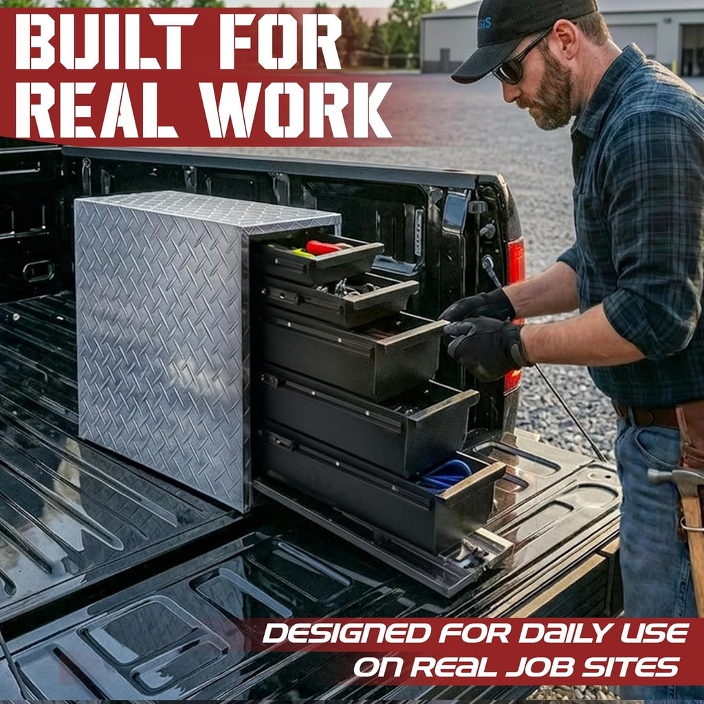 Truck Bed Tool Box with 5-Drawer Slides | Lockable Heavy-Duty Tool Chest Storage for Pickup, Jobsite & Side Trucks | 8-Inch Toolbox with Key (Silver Aluminum)