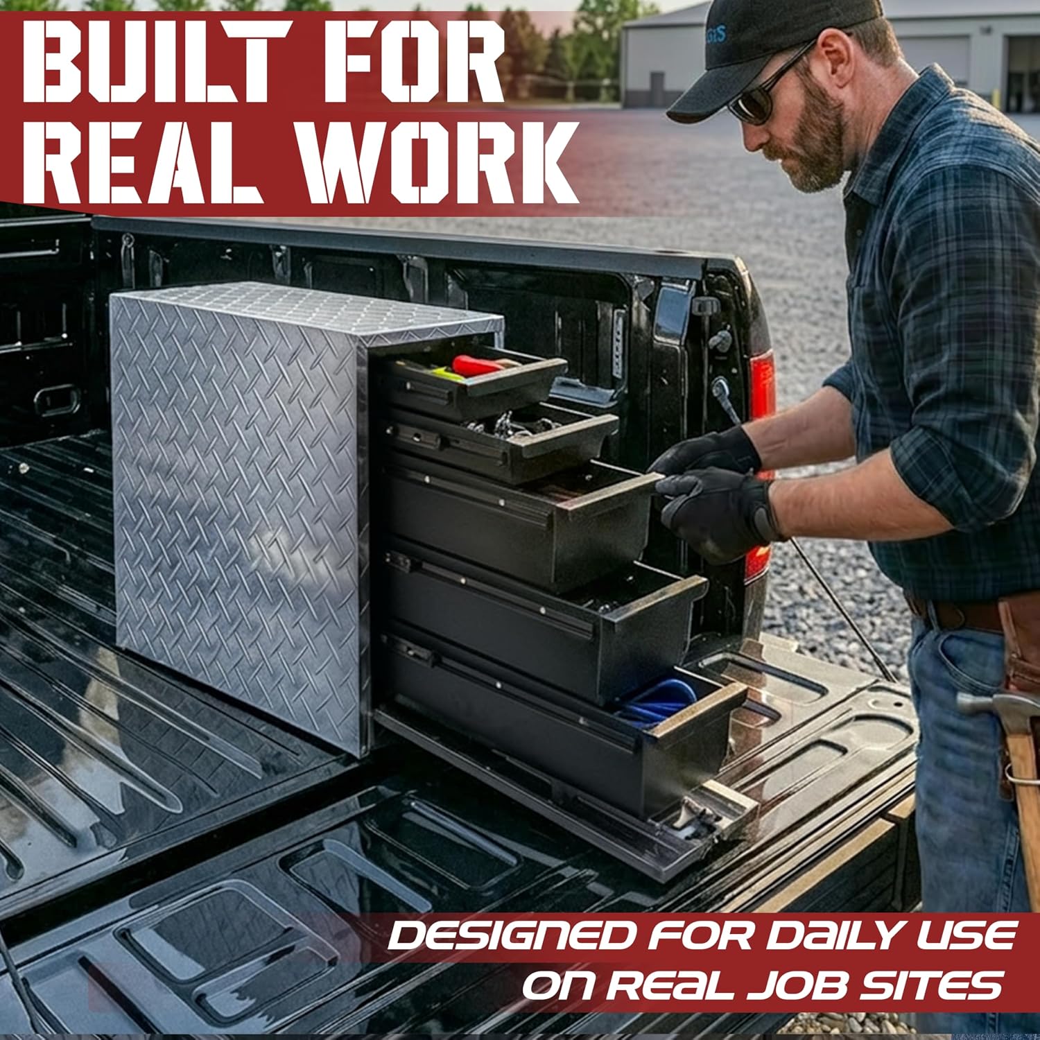 Truck Bed Tool Box with 5-Drawer Slides | Lockable Heavy-Duty Tool Chest Storage for Pickup, Jobsite & Side Trucks | 8-Inch Toolbox with Key (Silver Aluminum)