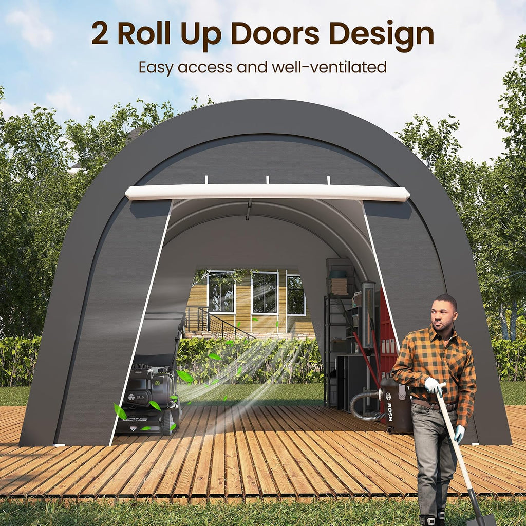FansaFurn Domed Carport with 4 Cloth Bags, Portable Garage with 2 Roll-up Doors, Heavy Duty Car Canopy Party Tent, All-Season Storage Shelter Shed for Boat, Truck, or Garden Tools, 12' x 25'