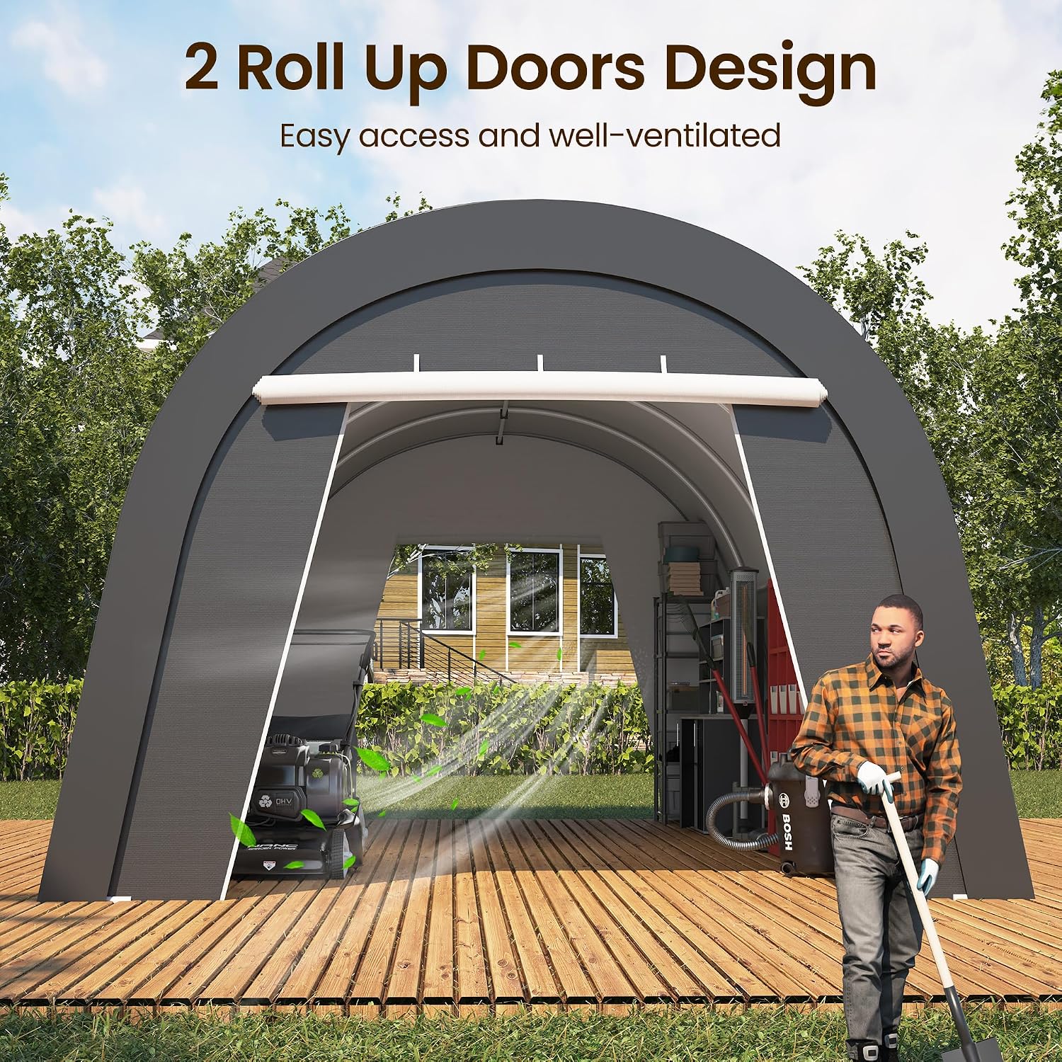 FansaFurn Domed Carport with 4 Cloth Bags, Portable Garage with 2 Roll-up Doors, Heavy Duty Car Canopy Party Tent, All-Season Storage Shelter Shed for Boat, Truck, or Garden Tools, 12' x 25'