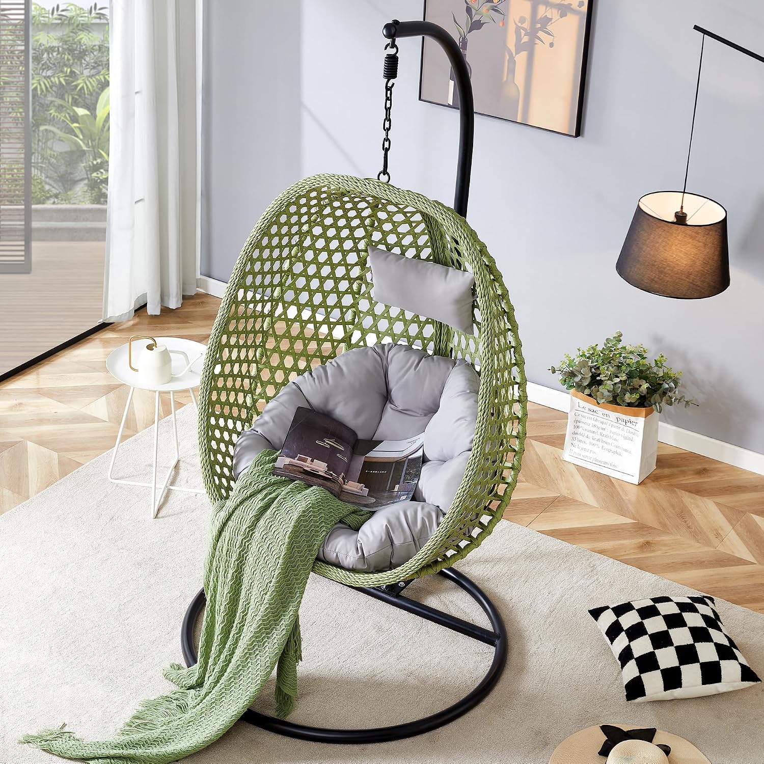 Egg Swing Chair with Stand,Swing Egg Chair with Stand, Green Rattan Hanging Egg with Soft Cushion, Outdoor Hanging with Foldable Basket and Metal Stand for Bedroom Patio