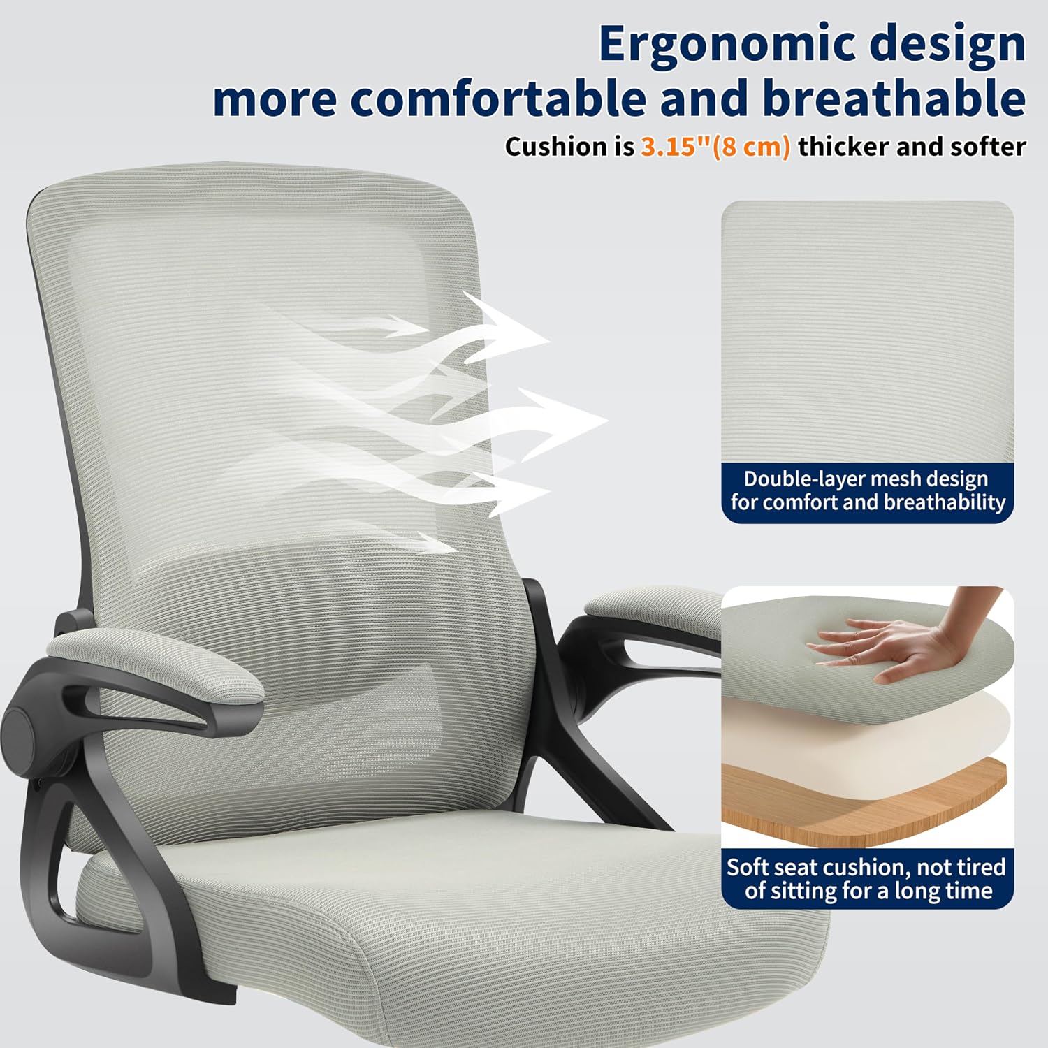 Ergonomic Office Chair, Desk Chair with Adjustable Lumbar Support, Breathable Mesh Comfy Computer Chairs with Flip-up Armrests Executive Task Chair for Adults Home Office (Dark Gray)