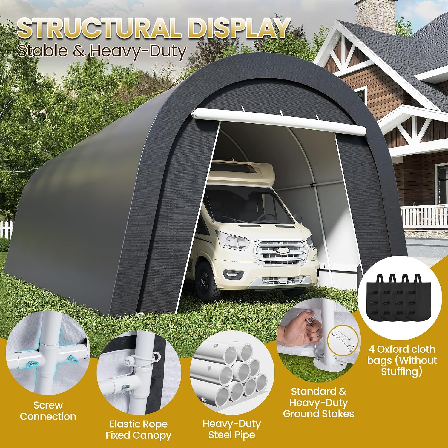 FansaFurn Domed Carport with 4 Cloth Bags, Portable Garage with 2 Roll-up Doors, Heavy Duty Car Canopy Party Tent, All-Season Storage Shelter Shed for Boat, Truck, or Garden Tools, 12' x 25'