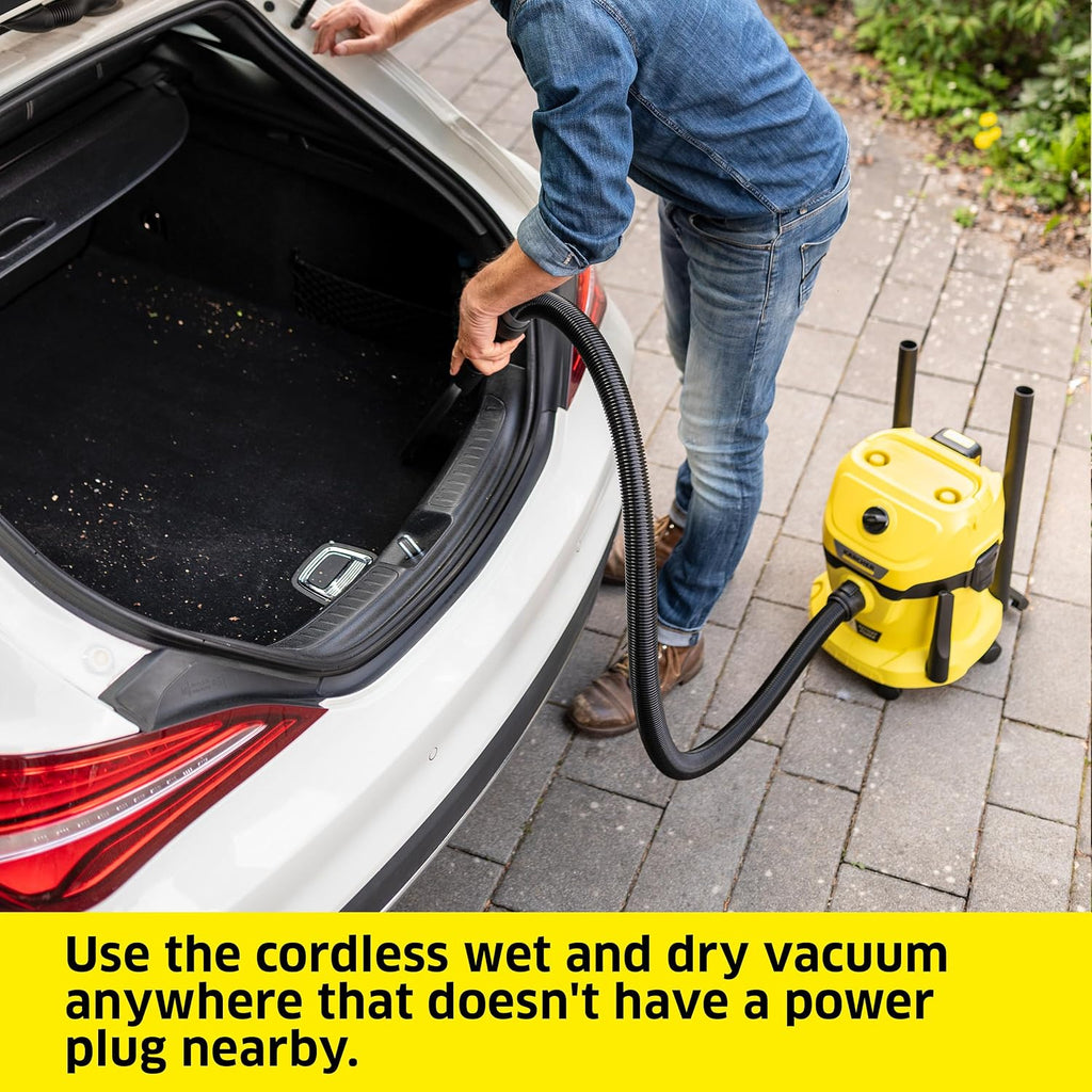Kärcher WD 2-18 Battery Powered Wet Dry Shop Vacuum Cleaner with Blower Function & Attachements, Multi Purpose, 225 W- Cartridge Filter, Fleece Bag, Floor & Crevice Nozzle, 3.2 Gal - Tool Only