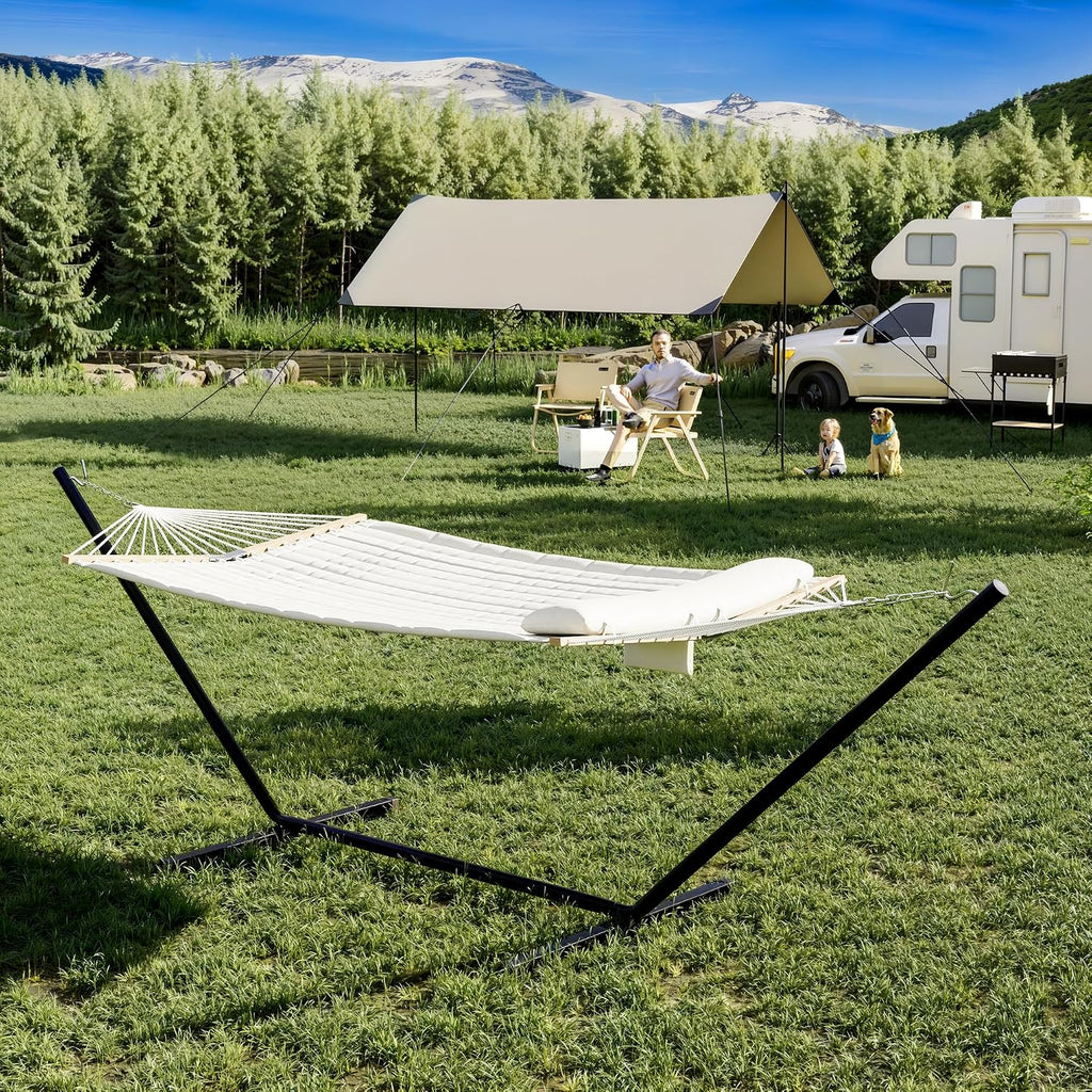 GarveeHome 2 Person Hammock with Stand, Portable Outdoor Hammock, Heavy Duty Hammock with Carrying Bag, Soft Pillow, Balance Ropes, White