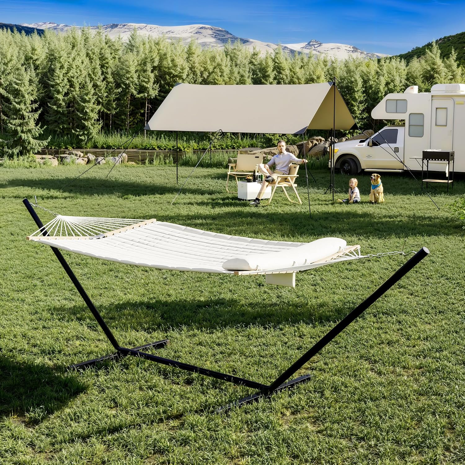 GarveeHome 2 Person Hammock with Stand, Portable Outdoor Hammock, Heavy Duty Hammock with Carrying Bag, Soft Pillow, Balance Ropes, White