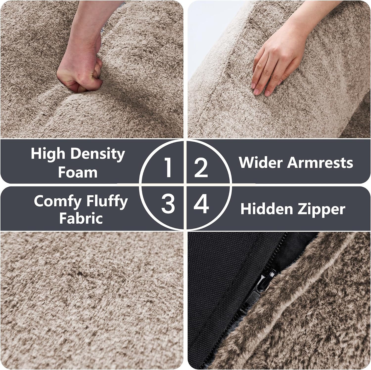 Bean Bag Chairs for Adults, Giant Beanbag Sofa Comfy Reading Chair, Oversized Bean Bag Chairs for Living Room Bedroom, Soft Faux Fur Fabric, 3.2FT, Khaki, Plush