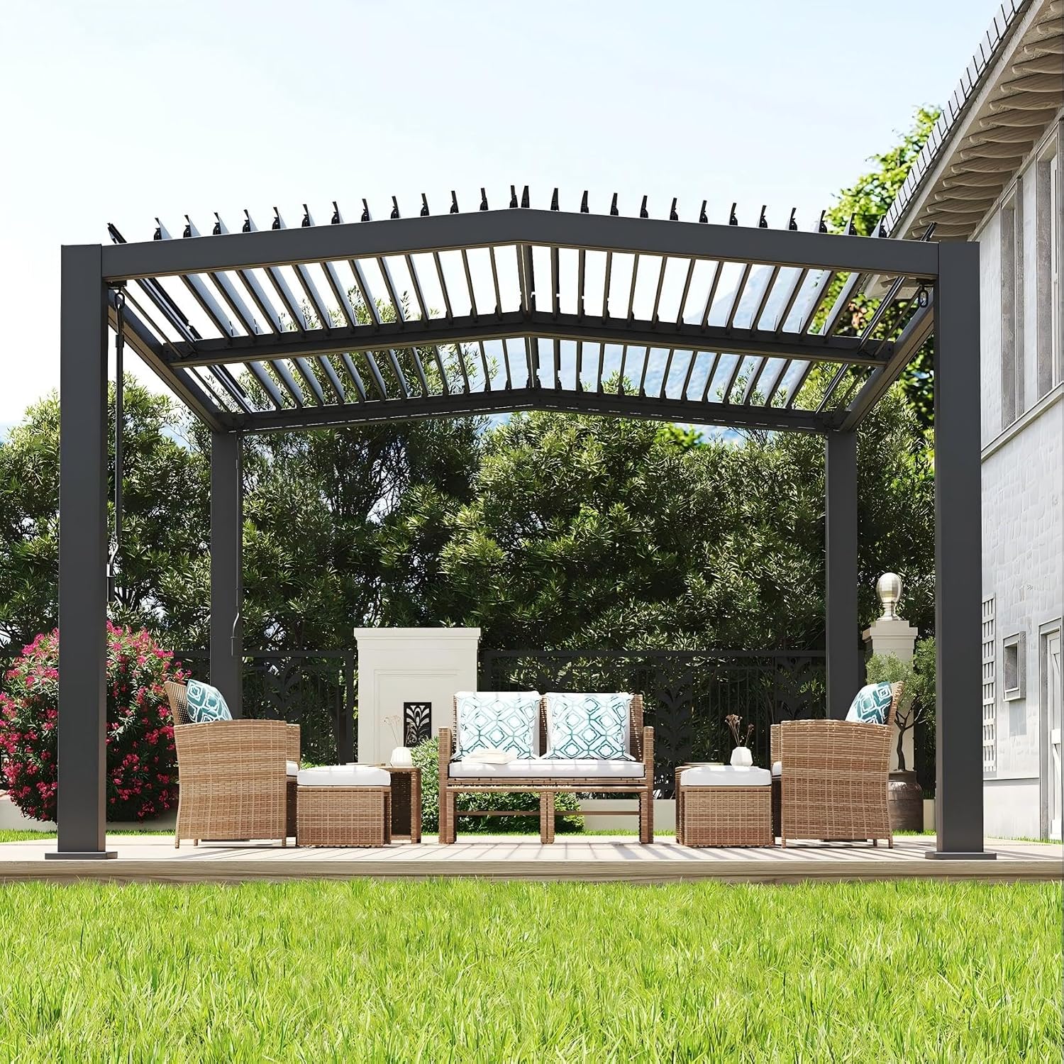 Louvered Pergola 11 Ft x 13 Ft, Outdoor Pergola with Adjustable Louvered Roof, Reinforced Aluminum Frame, Integrated Drainage System, Hardtop Gazebo for Patio, Deck, Wood Grain