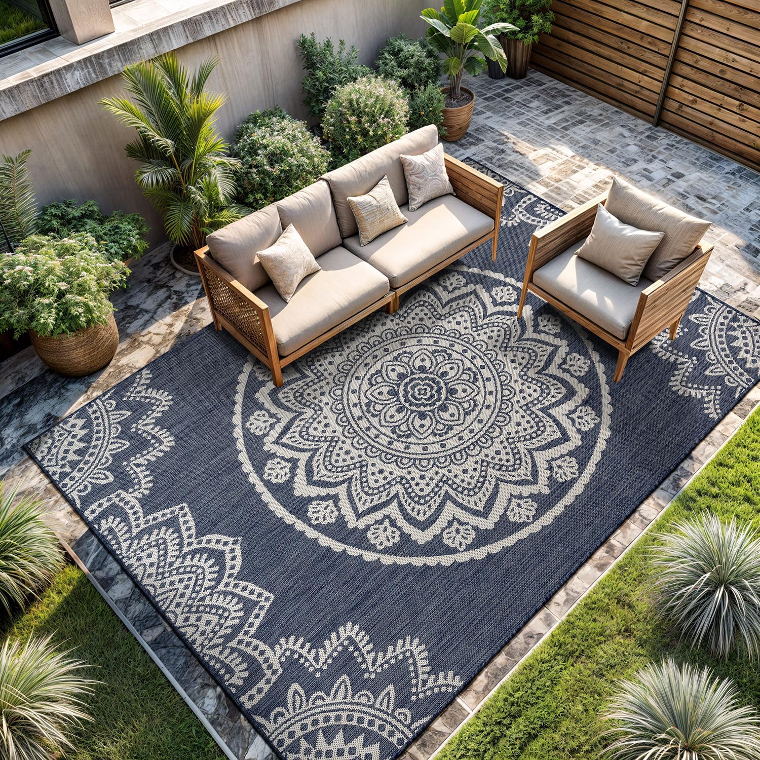 CAMILSON Outdoor Rug 8x10 Modern Area Rugs for Indoor and Outdoor Patios and Porches - Waterproof, Washable, Non-Shedding, Easy-to-Clean Outside Carpet (8 x 10, Medallion - Blue/White)