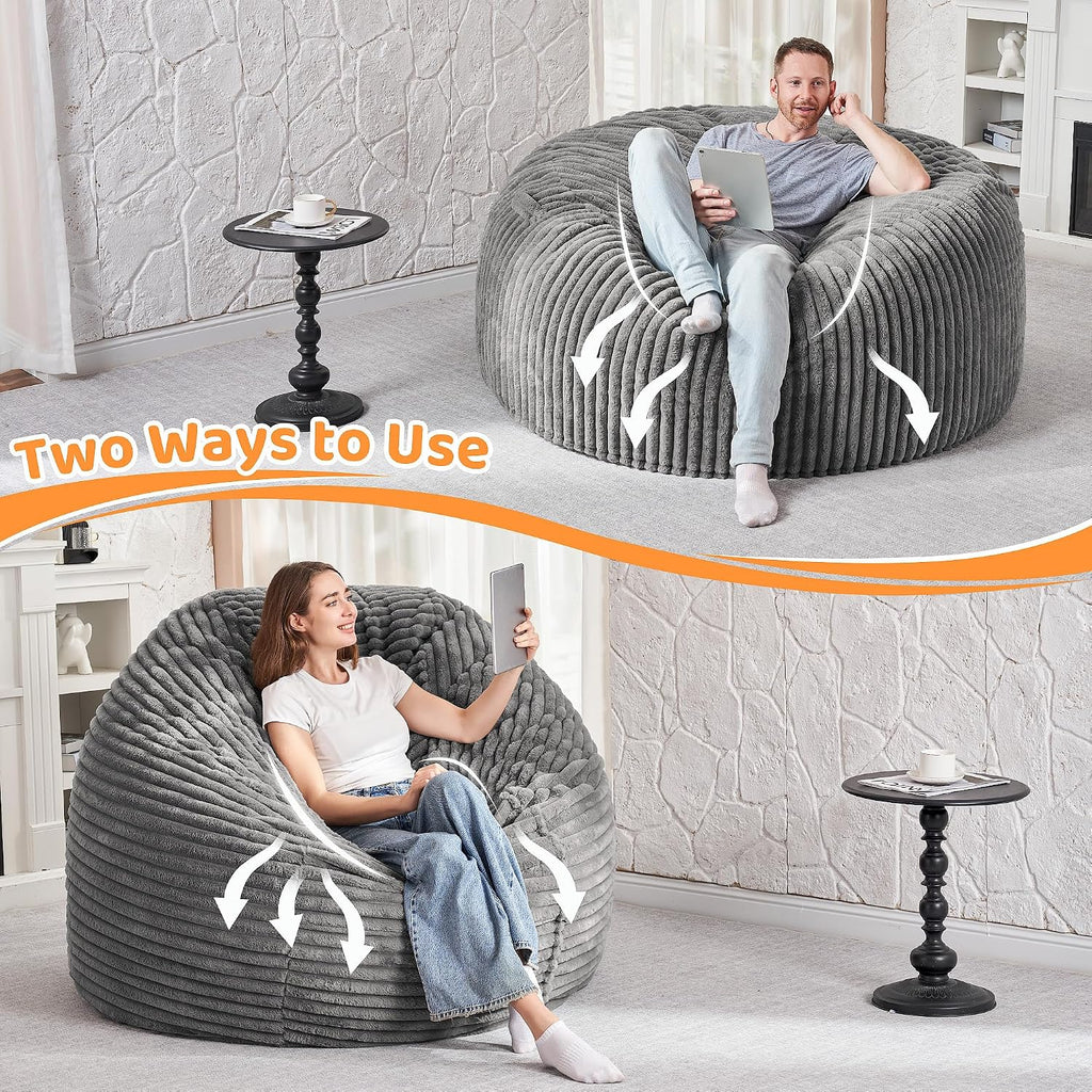 HABUTWAY 5FT Bean Bag Chair, 5' Large Bean Bag Chairs for Adults with Removable Stripe Plush Cover, Memory Foam Beanbag Chair for Living Room Bedroom Dorm (Grey)