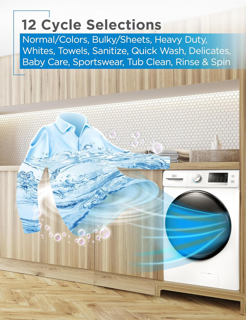 BLACK+DECKER 4.5 Cu. Ft. Front Load Washer, Full Size Washing Machine with 12 Cycles, ENERGY STAR certified Washer Machine, Hot & Cold Inlet Hoses, LED Display, 120V, BFLW45M, White