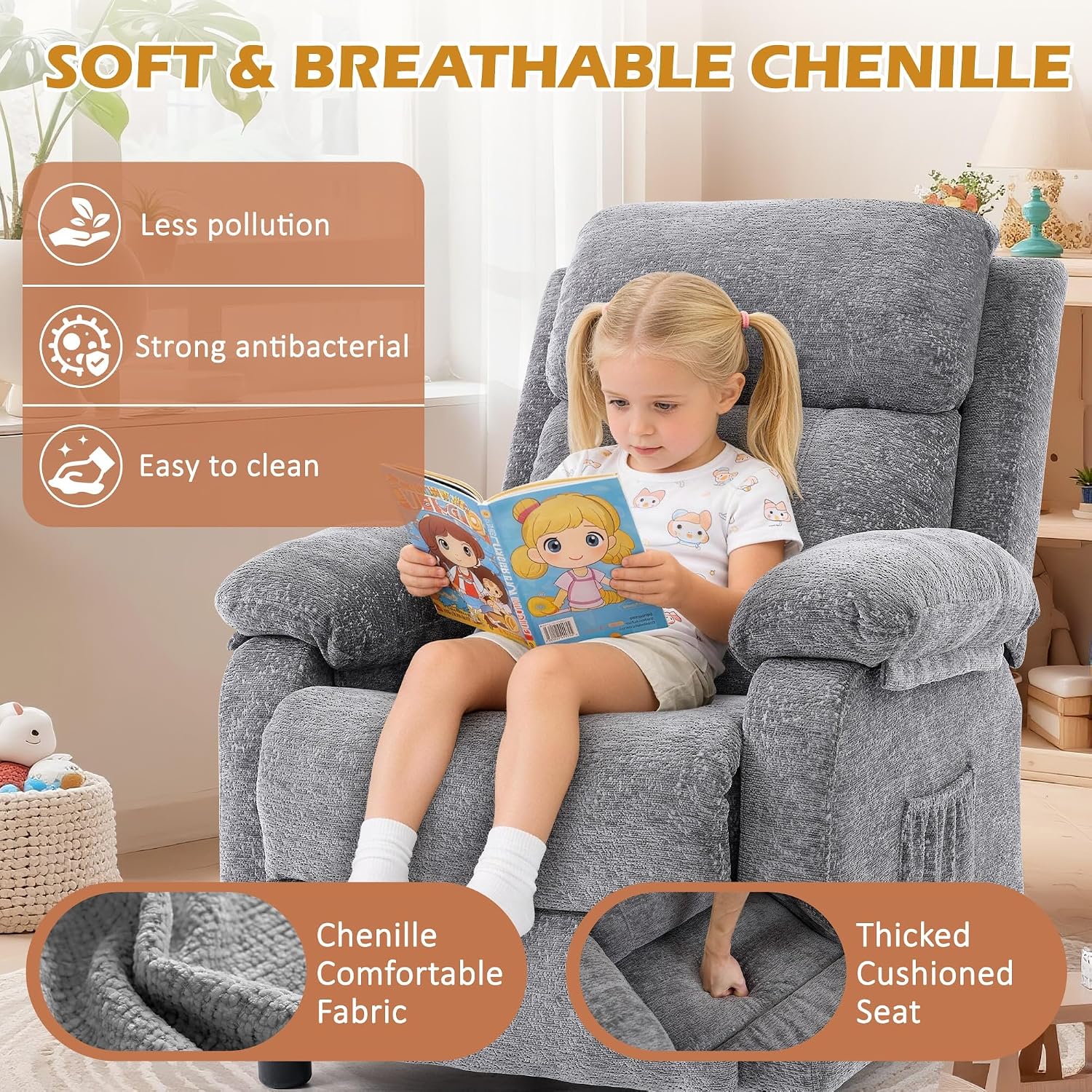 Korser Recliner Chair, Living Room Chairs for Adults, Padded Deep Seat Reading Chair with Side Pockets, Small Recliners for Small Spaces, Lounge Chair for Living Room, Bedroom, and RV (Chenille)
