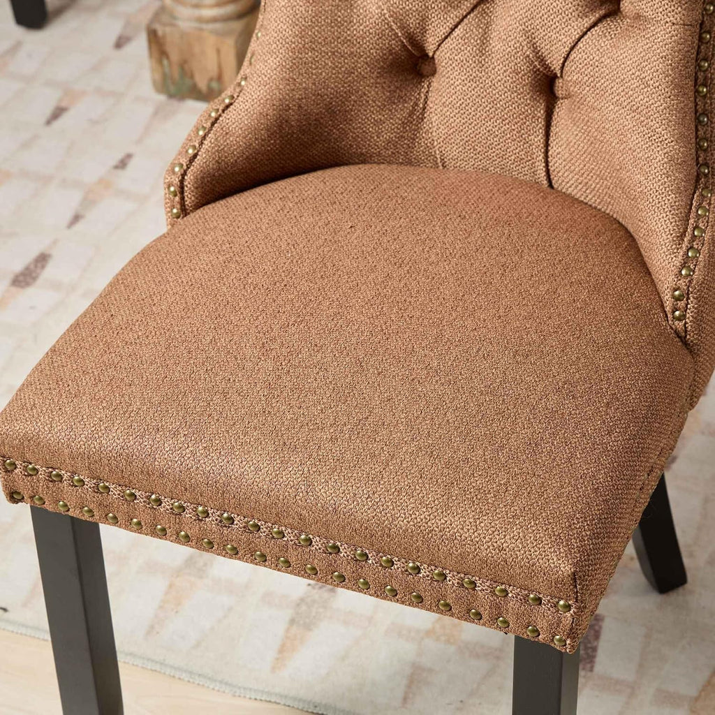 Ball & Cast Contemporary Upholstered Dining Chairs Set of 2, Flax Button Tufted Kitchen Side-Chairs with Hang Ring & Nailhead Trims & Wood Legs, 2-Piece Backrest Traditional Chair, Black+Coffee